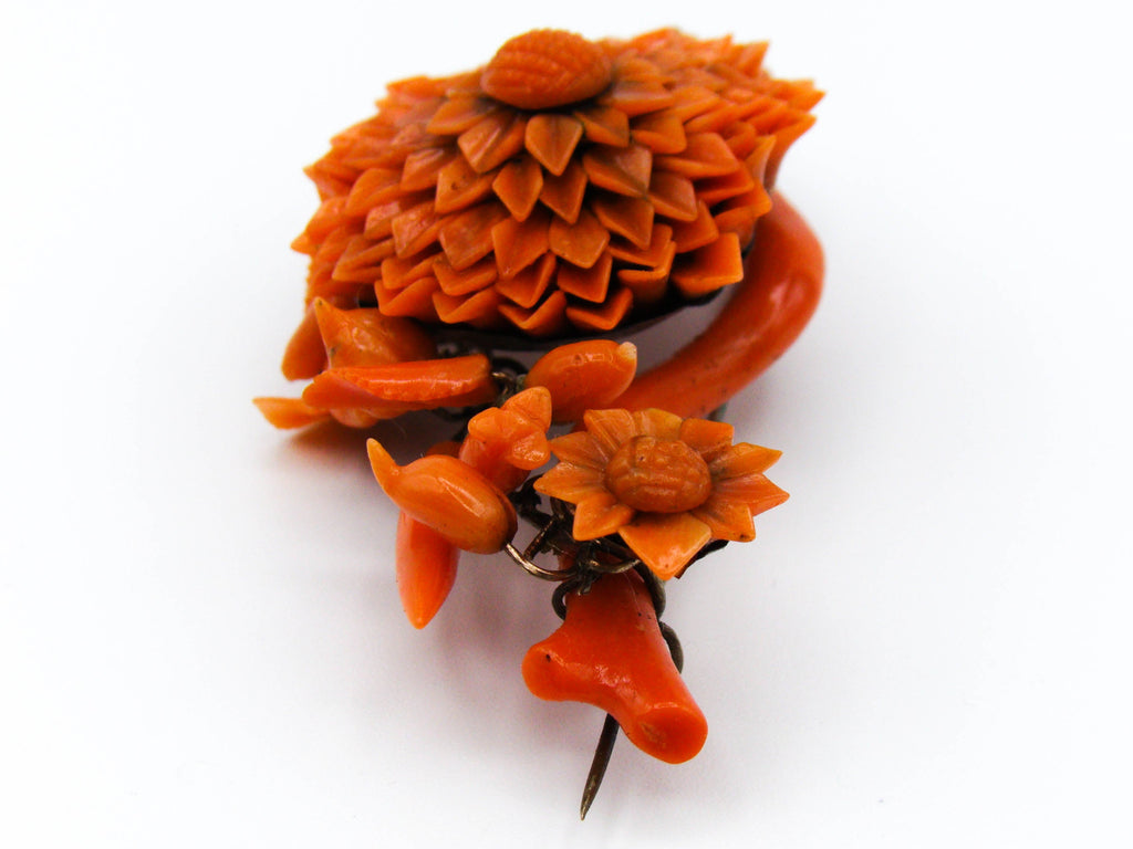 antique coral, natural coral, undyed coral, dark orange coral, Italian coral, pacific coral, Sardinian Coral, sea coral, Mediterranean coral, Mediterranean orange, handcarved coral, orange coral, 14 karat gold, coral necklace, coral pendant, coral earrings, coral bracelet, coral brooch, in original box
