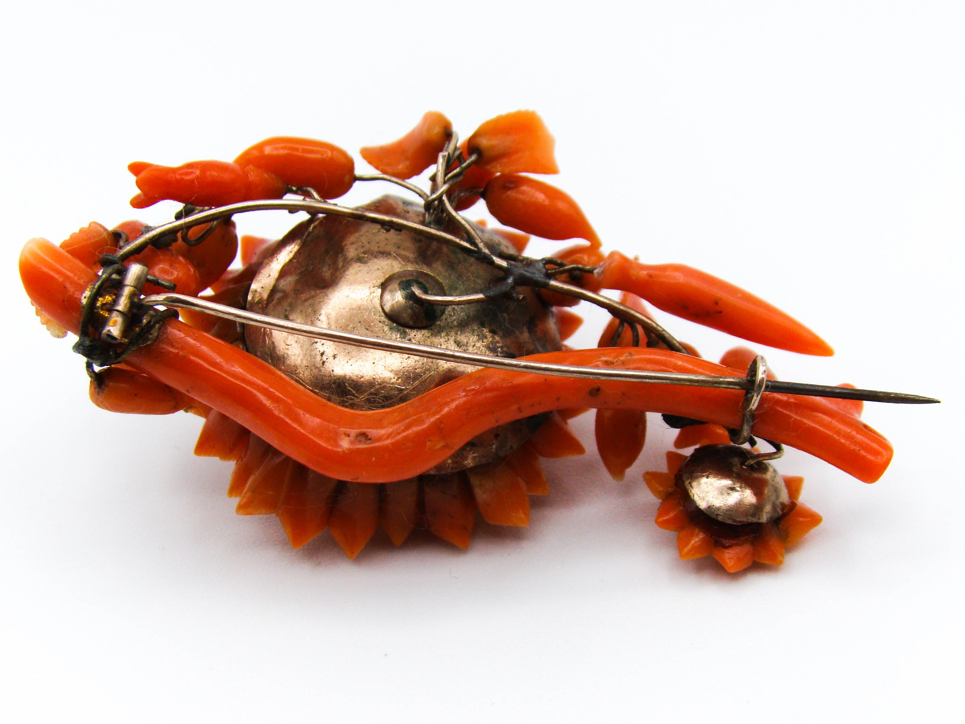 antique coral, natural coral, undyed coral, dark orange coral, Italian coral, pacific coral, Sardinian Coral, sea coral, Mediterranean coral, Mediterranean orange, handcarved coral, orange coral, 14 karat gold, coral necklace, coral pendant, coral earrings, coral bracelet, coral brooch, in original box