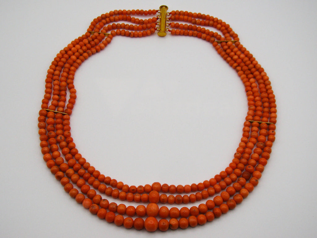 antique coral, natural coral, undyed coral, Italian coral, pacific coral, Sardinian Coral, Coral beads, Coral Rosary beads, Coral chain, Coral necklace, sea coral, Mediterranean coral, 4 strand chain, salmon beads, salmon coral