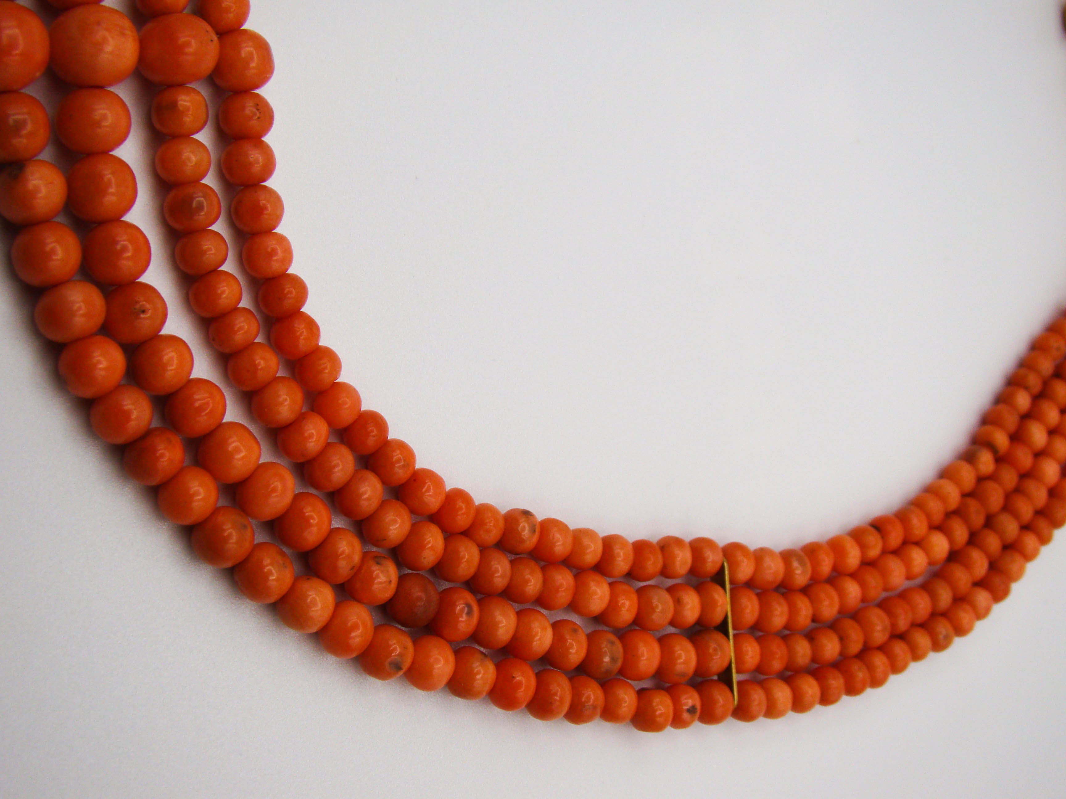 antique coral, natural coral, undyed coral, Italian coral, pacific coral, Sardinian Coral, Coral beads, Coral Rosary beads, Coral chain, Coral necklace, sea coral, Mediterranean coral, 4 strand chain, salmon beads, salmon coral