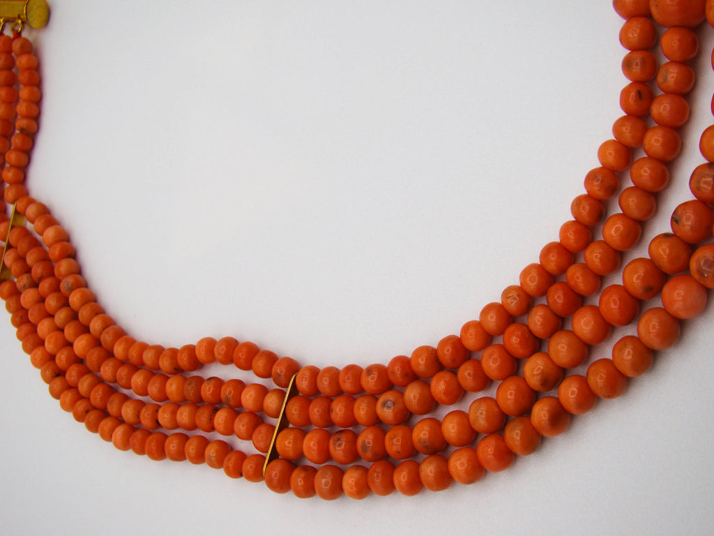 antique coral, natural coral, undyed coral, Italian coral, pacific coral, Sardinian Coral, Coral beads, Coral Rosary beads, Coral chain, Coral necklace, sea coral, Mediterranean coral, 4 strand chain, salmon beads, salmon coral