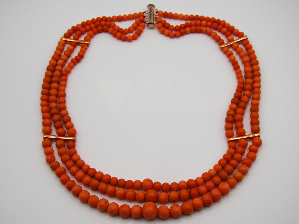 antique coral, natural coral, undyed coral, Italian coral, pacific coral, Sardinian Coral, Coral beads, Coral Rosary beads, Coral chain, Coral necklace, sea coral, Mediterranean coral, 3 strand chain, salmon beads, salmon Coral