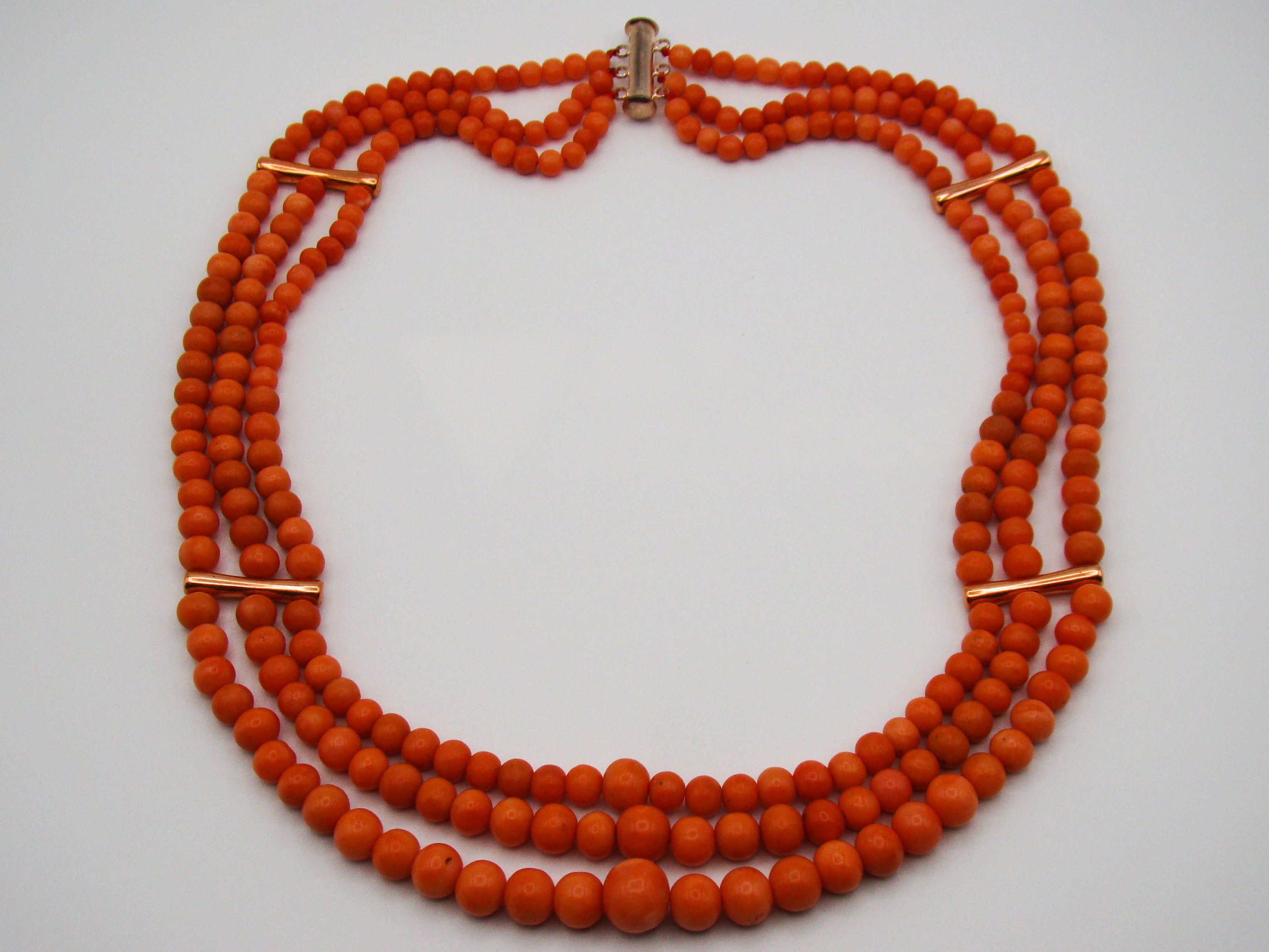 antique coral, natural coral, undyed coral, Italian coral, pacific coral, Sardinian Coral, Coral beads, Coral Rosary beads, Coral chain, Coral necklace, sea coral, Mediterranean coral, 3 strand chain, salmon beads, salmon Coral
