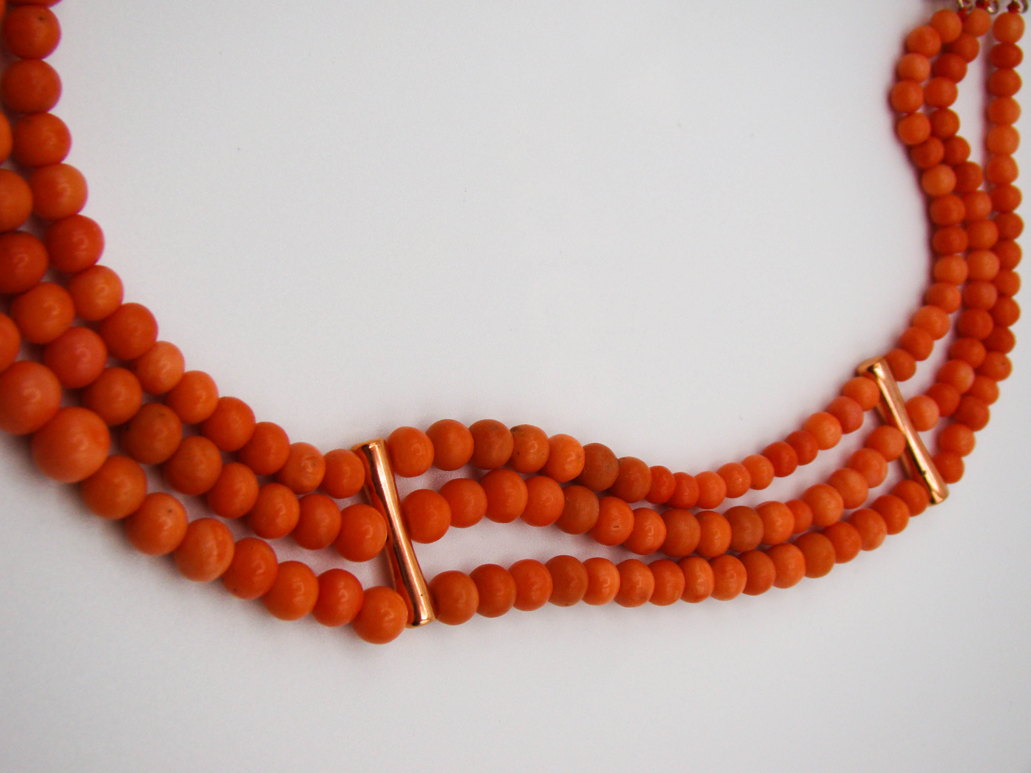 antique coral, natural coral, undyed coral, Italian coral, pacific coral, Sardinian Coral, Coral beads, Coral Rosary beads, Coral chain, Coral necklace, sea coral, Mediterranean coral, 3 strand chain, salmon beads, salmon Coral