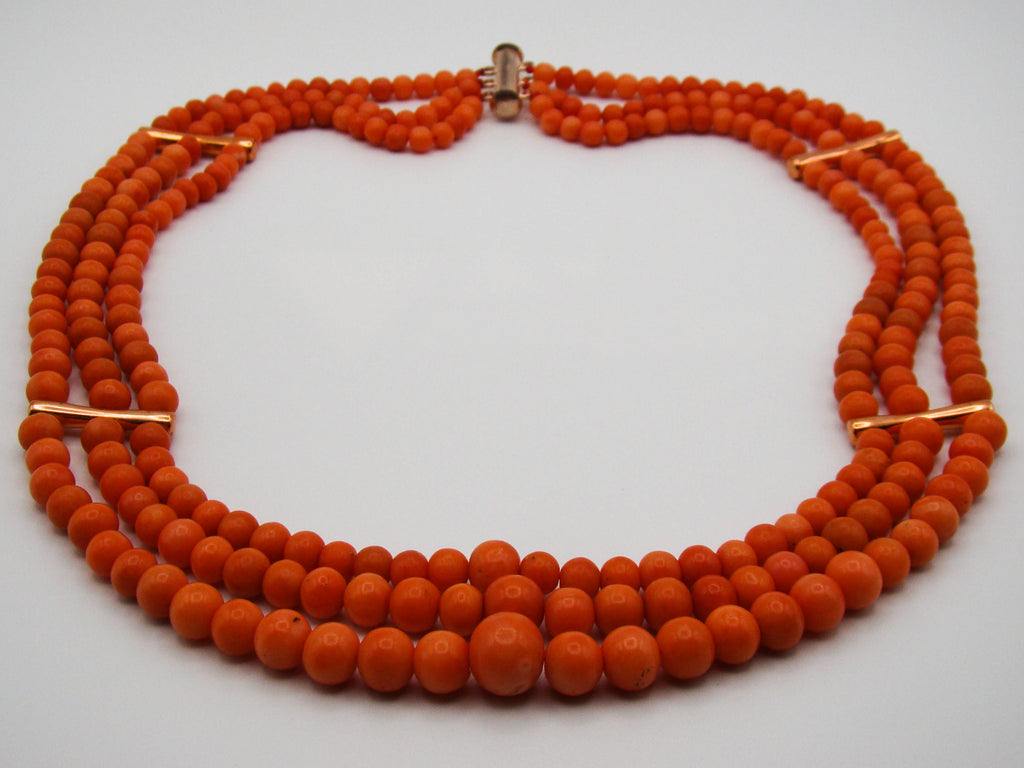 antique coral, natural coral, undyed coral, Italian coral, pacific coral, Sardinian Coral, Coral beads, Coral Rosary beads, Coral chain, Coral necklace, sea coral, Mediterranean coral, 3 strand chain, salmon beads, salmon Coral