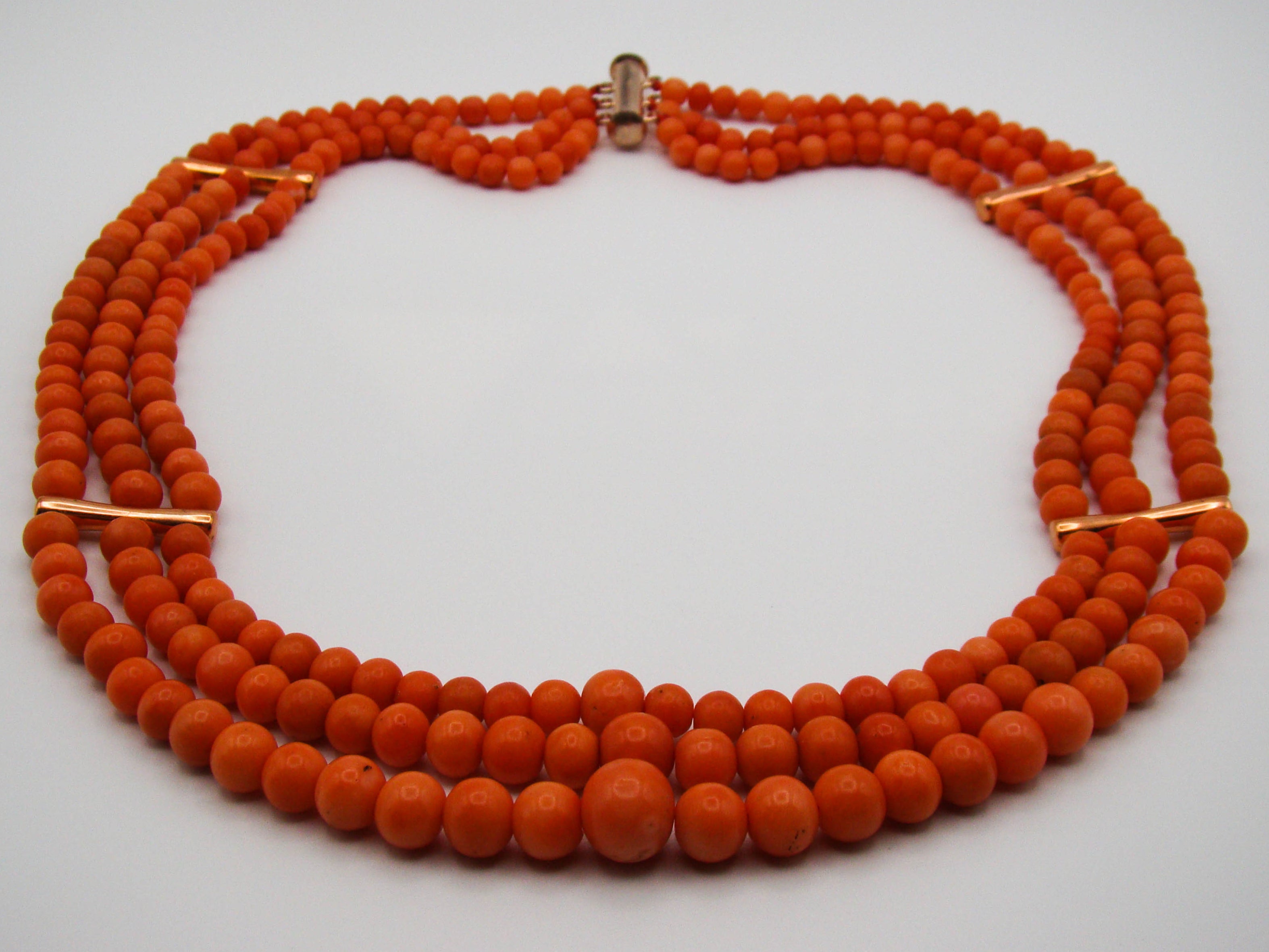 antique coral, natural coral, undyed coral, Italian coral, pacific coral, Sardinian Coral, Coral beads, Coral Rosary beads, Coral chain, Coral necklace, sea coral, Mediterranean coral, 3 strand chain, salmon beads, salmon Coral