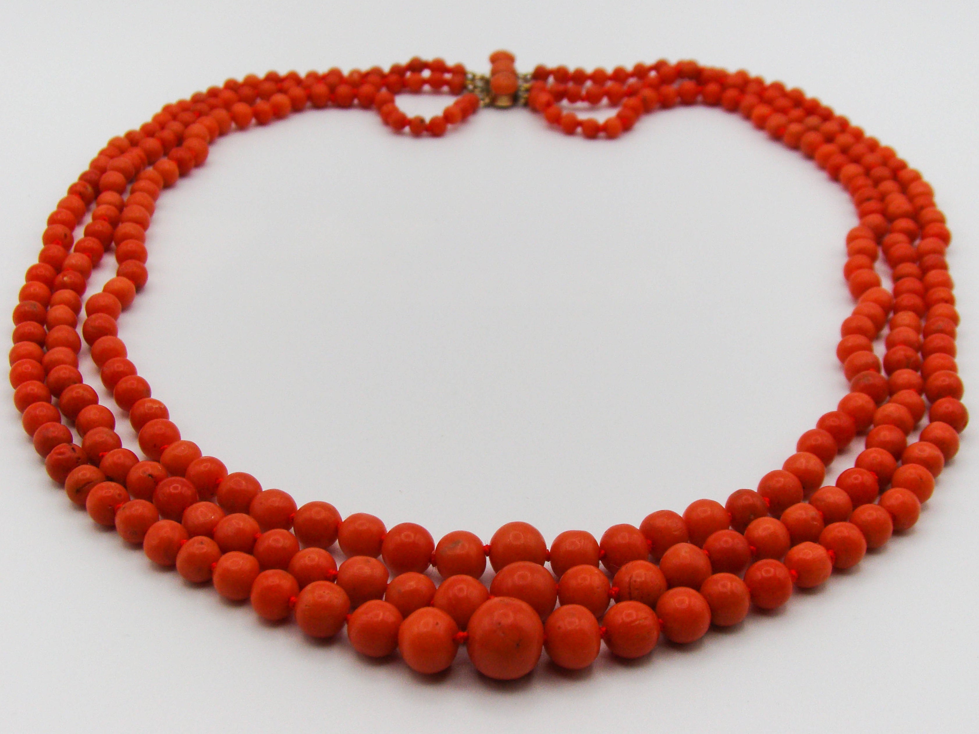 antique coral, natural coral, undyed coral, dark red coral, blood red coral, Italian coral, pacific coral, Sardinian Coral, Coral beads, Coral Rosary beads, Coral chain, Coral necklace, sea coral, Mediterranean coral, 2 strand chain, Mediterranean red beads, 14 karat gold clasp