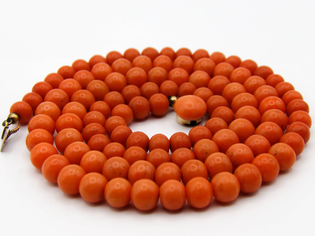 antique coral, natural coral, undyed coral, dark orange coral, Italian coral, pacific coral, Sardinian Coral, sea coral, Mediterranean coral, Mediterranean necklace, Mediterranean chain, coral necklace, handcarved coral, 14 karat gold clasp