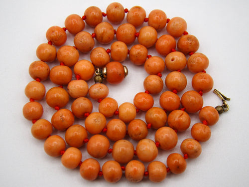 Salmon-orange coral necklace coiled on a white background, with red knots and a coral-bead clasp with gold fittings