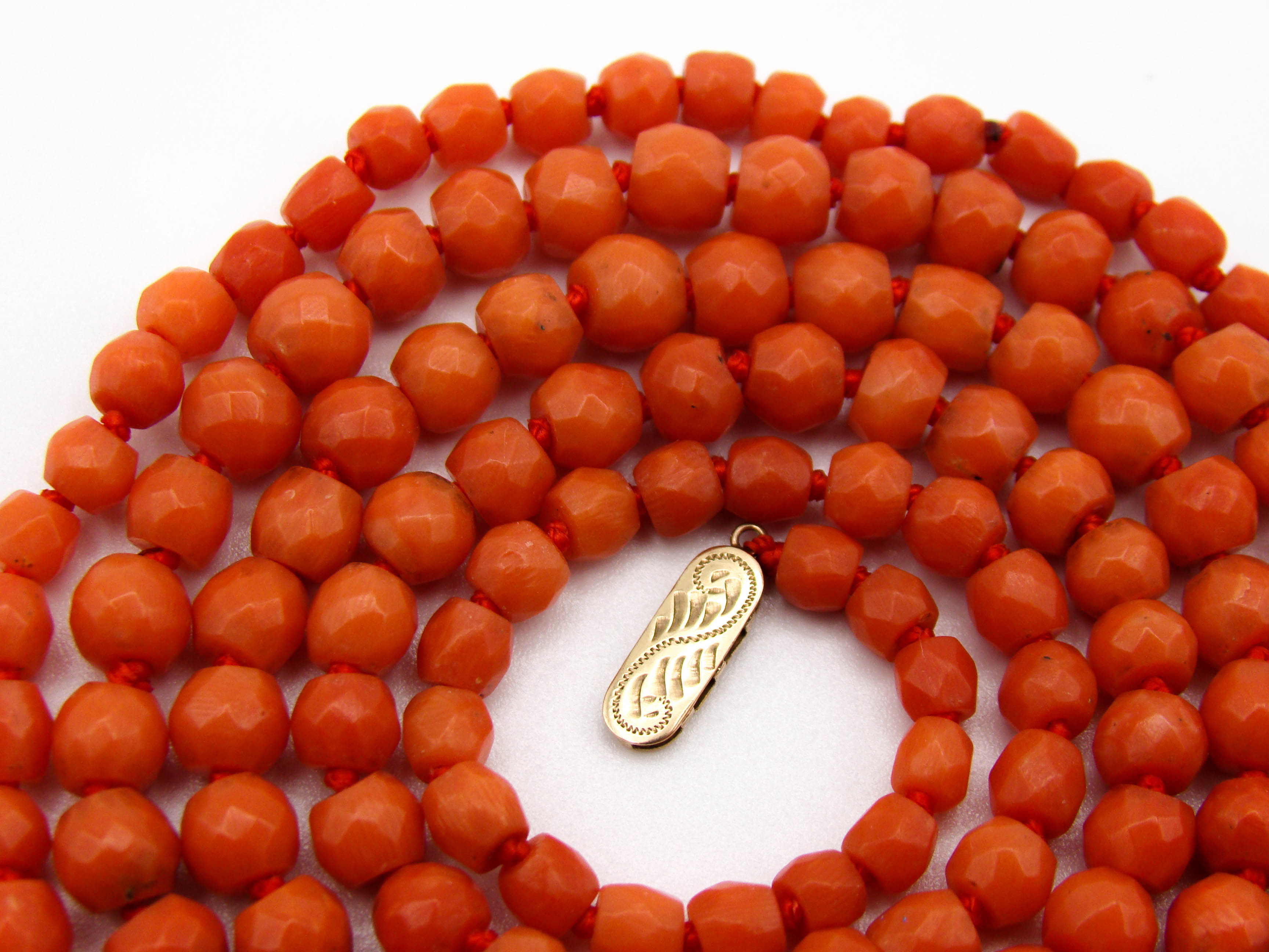 antique coral, natural coral, undyed coral, dark salmon coral, orange coral, Italian coral, pacific coral, Sardinian Coral, Coral beads, Coral Rosary beads, Coral chain, Coral necklace, sea coral, 9 karat gold clasp