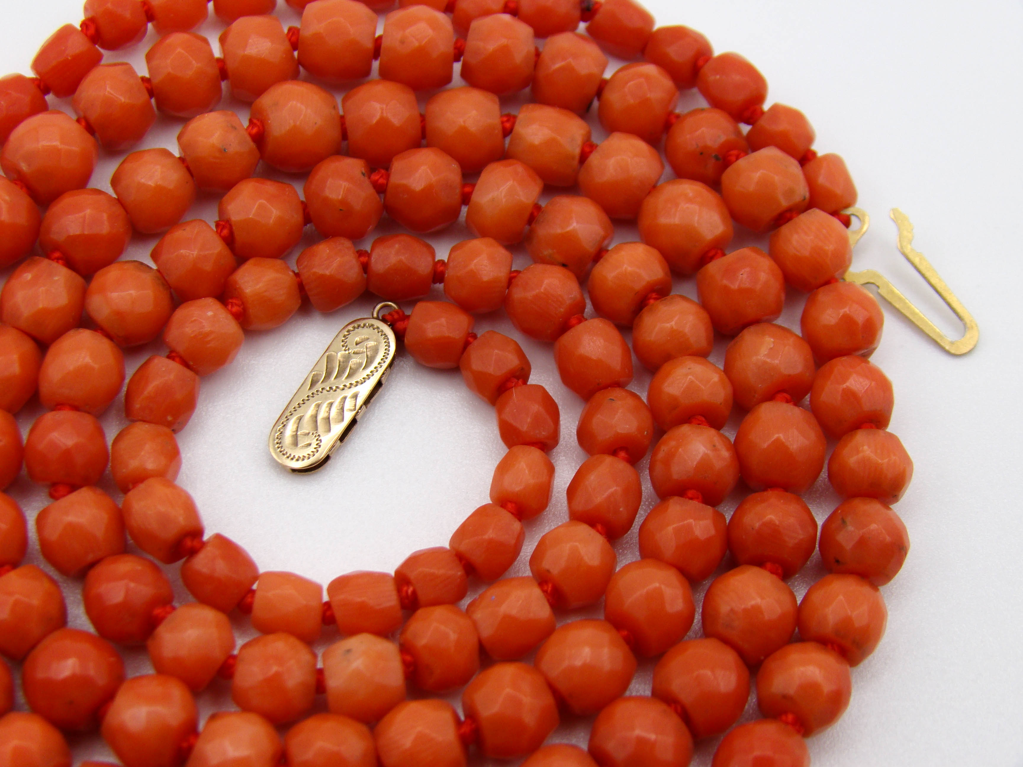antique coral, natural coral, undyed coral, dark salmon coral, orange coral, Italian coral, pacific coral, Sardinian Coral, Coral beads, Coral Rosary beads, Coral chain, Coral necklace, sea coral, 9 karat gold clasp