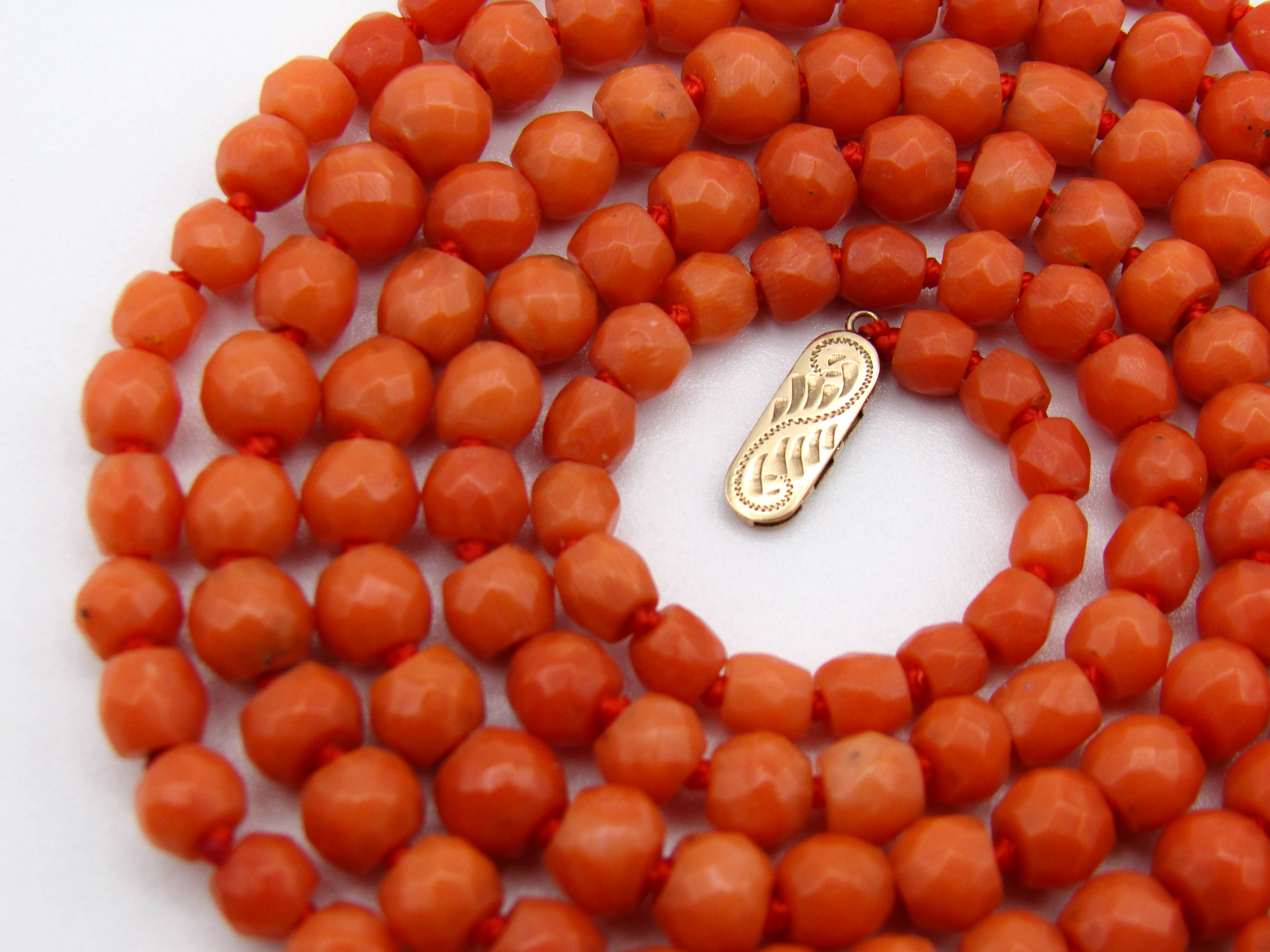antique coral, natural coral, undyed coral, dark salmon coral, orange coral, Italian coral, pacific coral, Sardinian Coral, Coral beads, Coral Rosary beads, Coral chain, Coral necklace, sea coral, 9 karat gold clasp