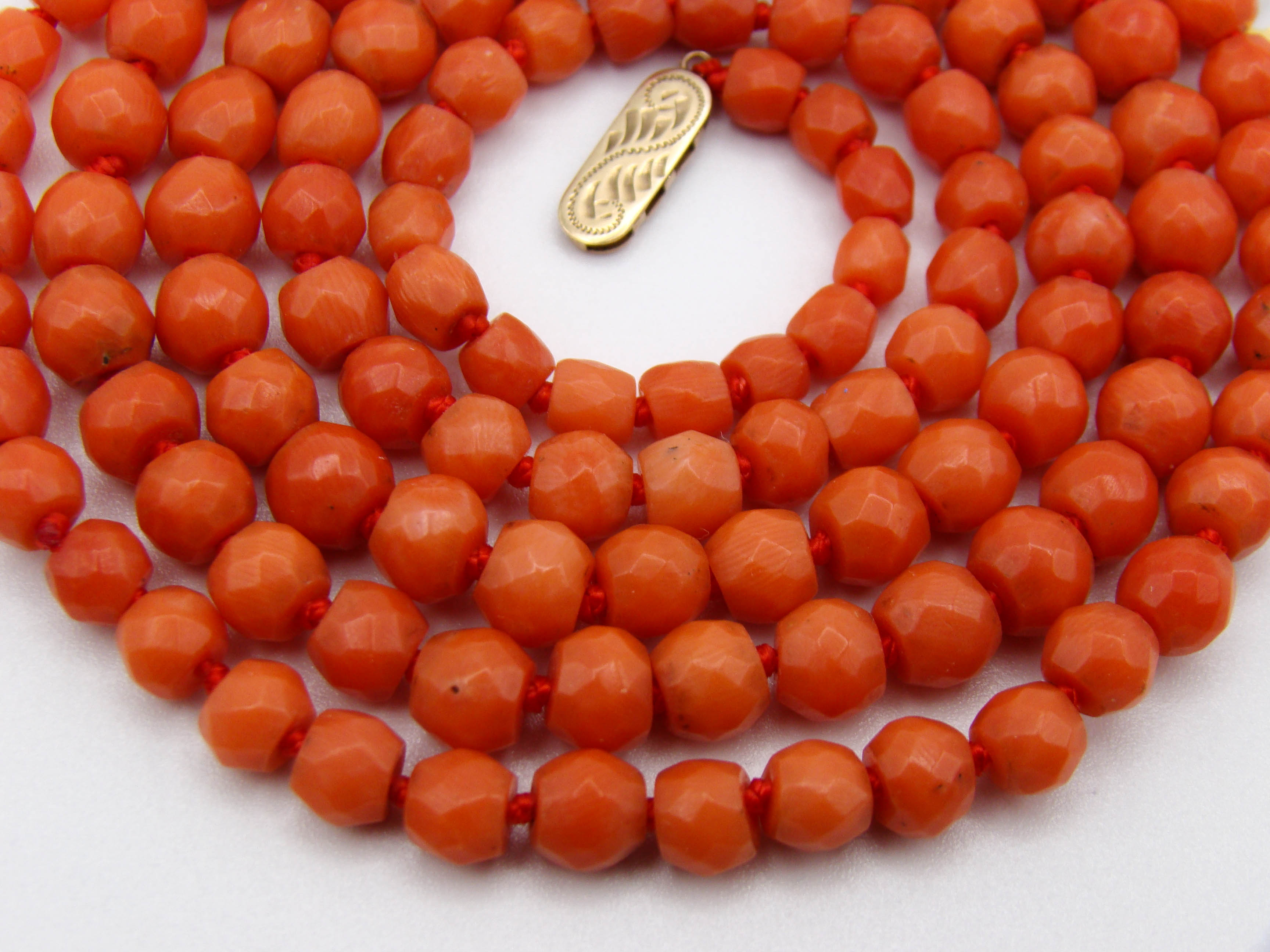 antique coral, natural coral, undyed coral, dark salmon coral, orange coral, Italian coral, pacific coral, Sardinian Coral, Coral beads, Coral Rosary beads, Coral chain, Coral necklace, sea coral, 9 karat gold clasp
