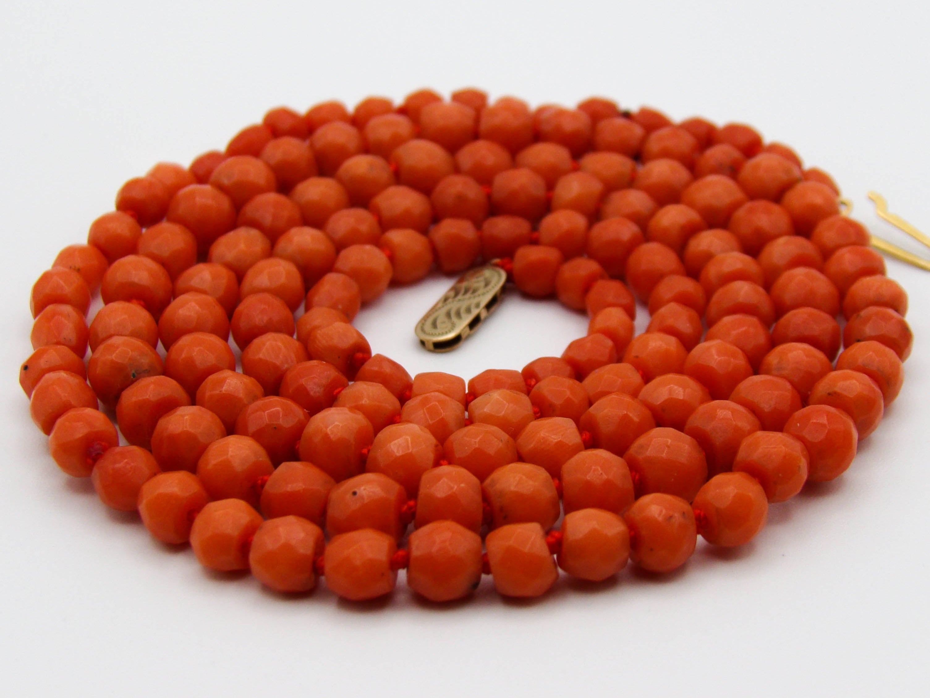 antique coral, natural coral, undyed coral, dark salmon coral, orange coral, Italian coral, pacific coral, Sardinian Coral, Coral beads, Coral Rosary beads, Coral chain, Coral necklace, sea coral, 9 karat gold clasp