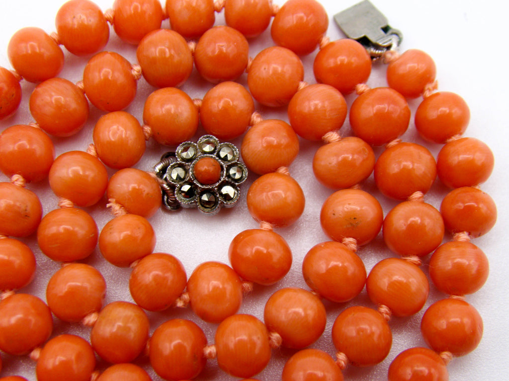 antique coral, natural coral, undyed coral, dark salmon coral, Italian coral, pacific coral, Sardinian Coral, sea coral, Mediterranean coral, Mediterranean necklace, Mediterranean chain, coral necklace, handcarved coral, sterling silver clasp