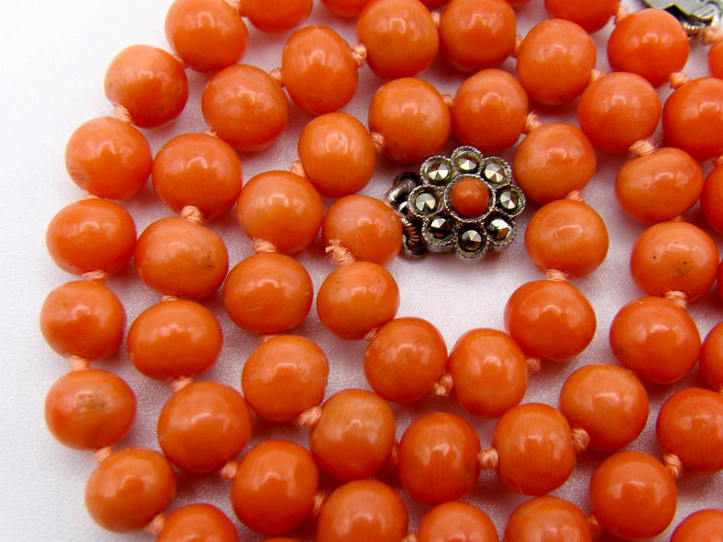 antique coral, natural coral, undyed coral, dark salmon coral, Italian coral, pacific coral, Sardinian Coral, sea coral, Mediterranean coral, Mediterranean necklace, Mediterranean chain, coral necklace, handcarved coral, sterling silver clasp