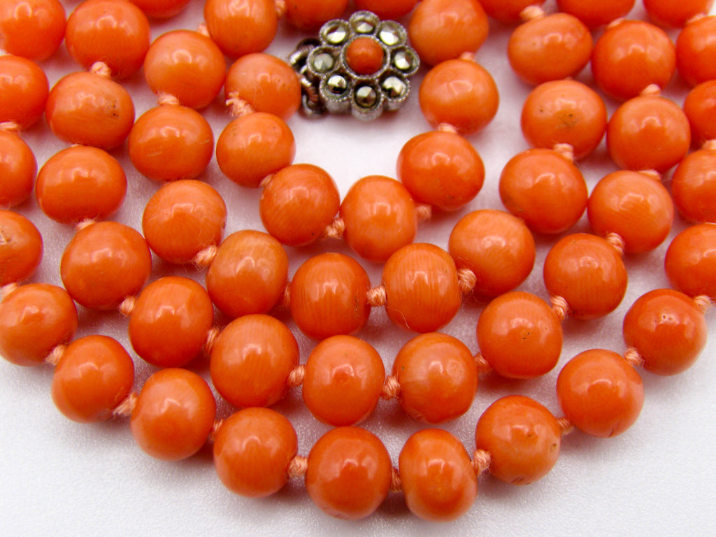antique coral, natural coral, undyed coral, dark salmon coral, Italian coral, pacific coral, Sardinian Coral, sea coral, Mediterranean coral, Mediterranean necklace, Mediterranean chain, coral necklace, handcarved coral, sterling silver clasp