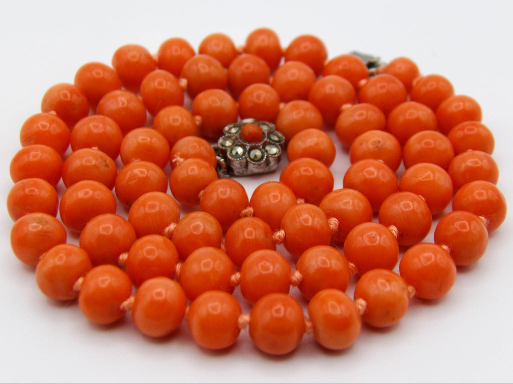 antique coral, natural coral, undyed coral, dark salmon coral, Italian coral, pacific coral, Sardinian Coral, sea coral, Mediterranean coral, Mediterranean necklace, Mediterranean chain, coral necklace, handcarved coral, sterling silver clasp