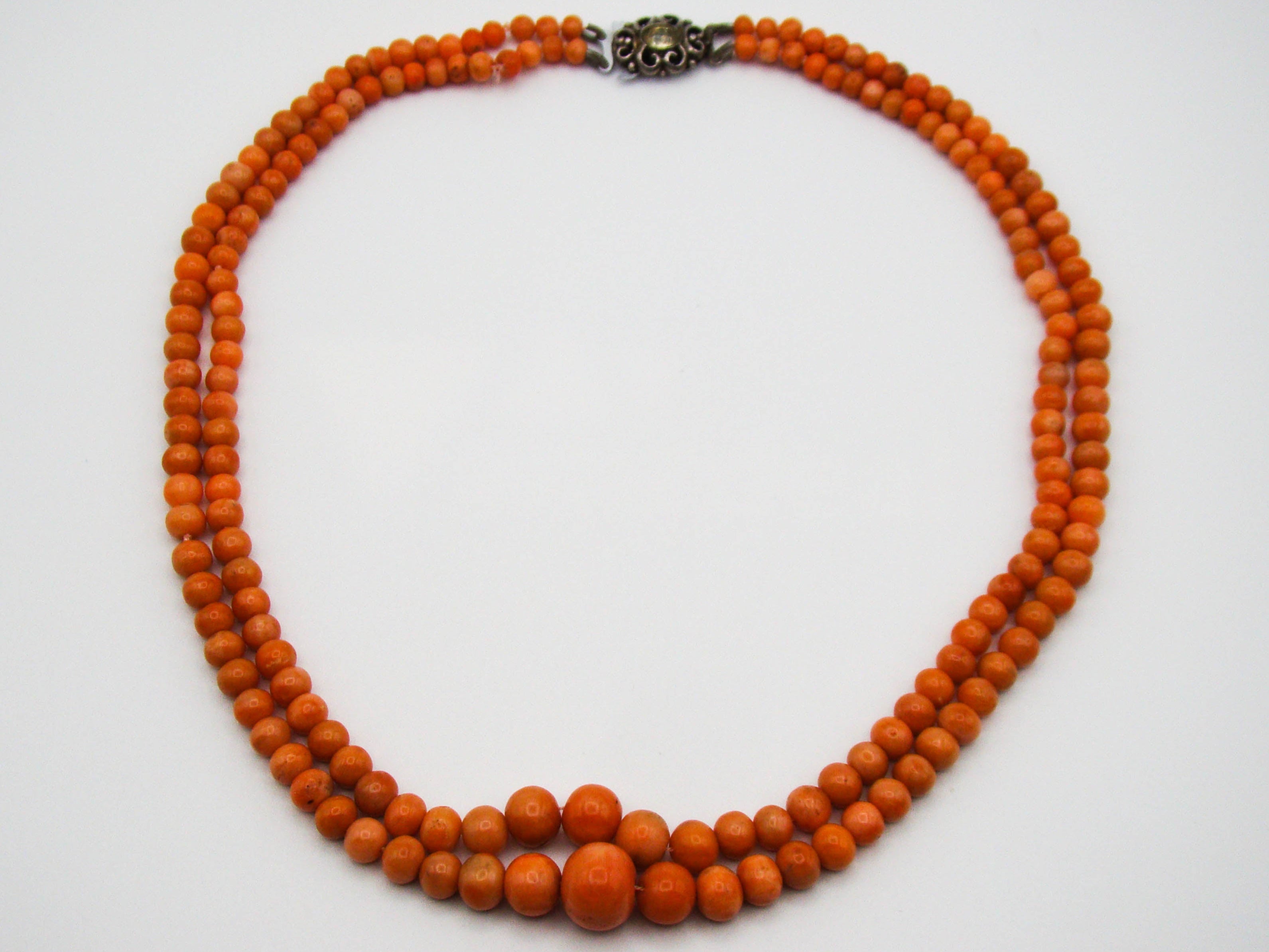 antique coral, natural coral, undyed coral, Italian coral, pacific coral, Sardinian Coral, Coral beads, Coral Rosary beads, Coral chain, Coral necklace, sea coral, 2 strand chain, Salmon beads, sterling silver clasp