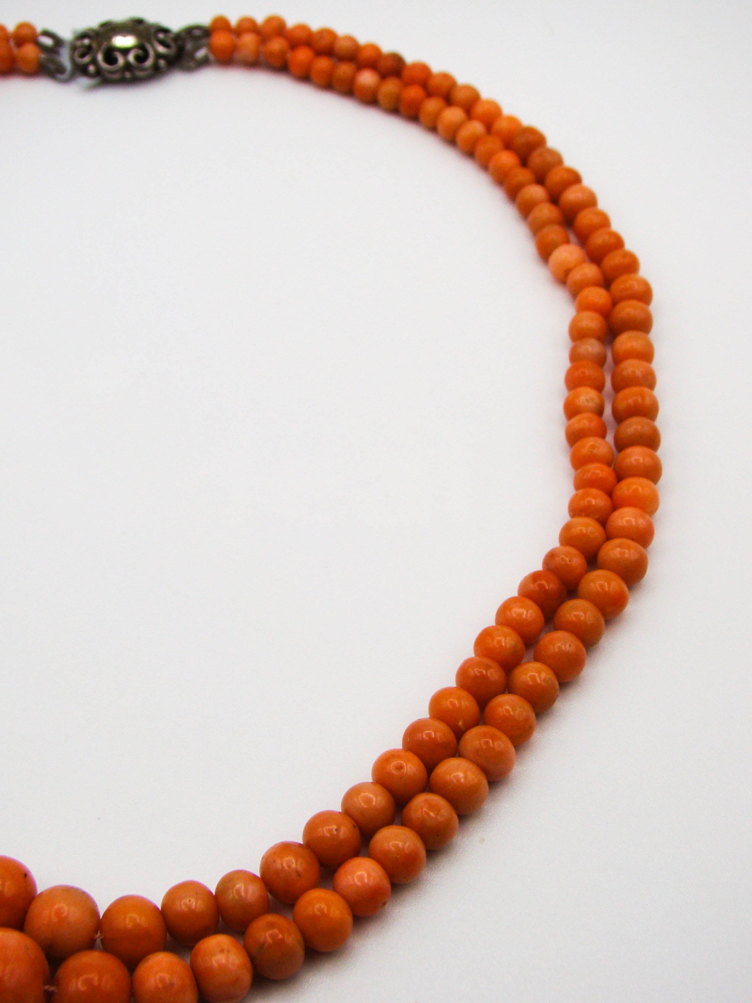 antique coral, natural coral, undyed coral, Italian coral, pacific coral, Sardinian Coral, Coral beads, Coral Rosary beads, Coral chain, Coral necklace, sea coral, 2 strand chain, Salmon beads, sterling silver clasp
