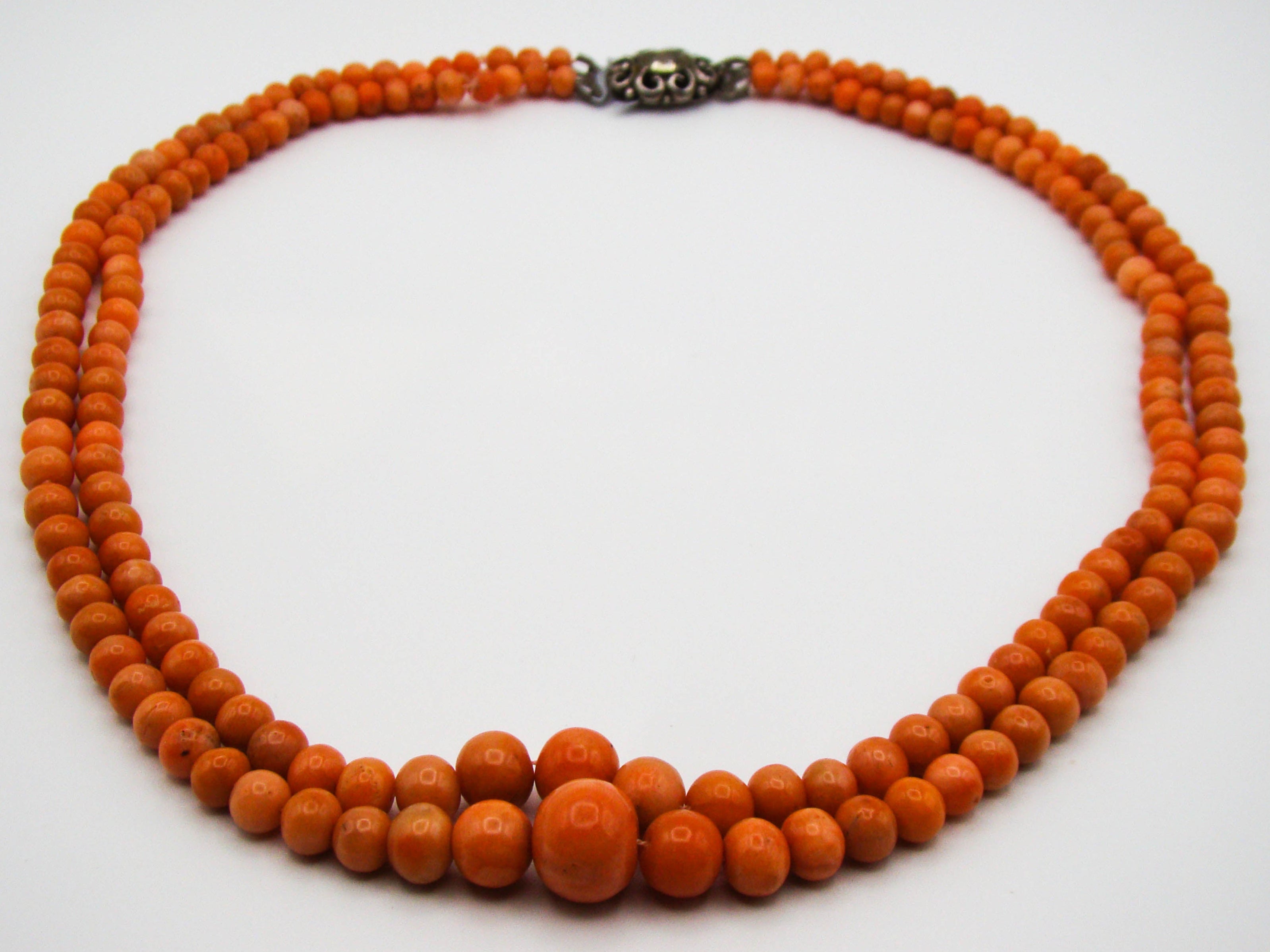 antique coral, natural coral, undyed coral, Italian coral, pacific coral, Sardinian Coral, Coral beads, Coral Rosary beads, Coral chain, Coral necklace, sea coral, 2 strand chain, Salmon beads, sterling silver clasp