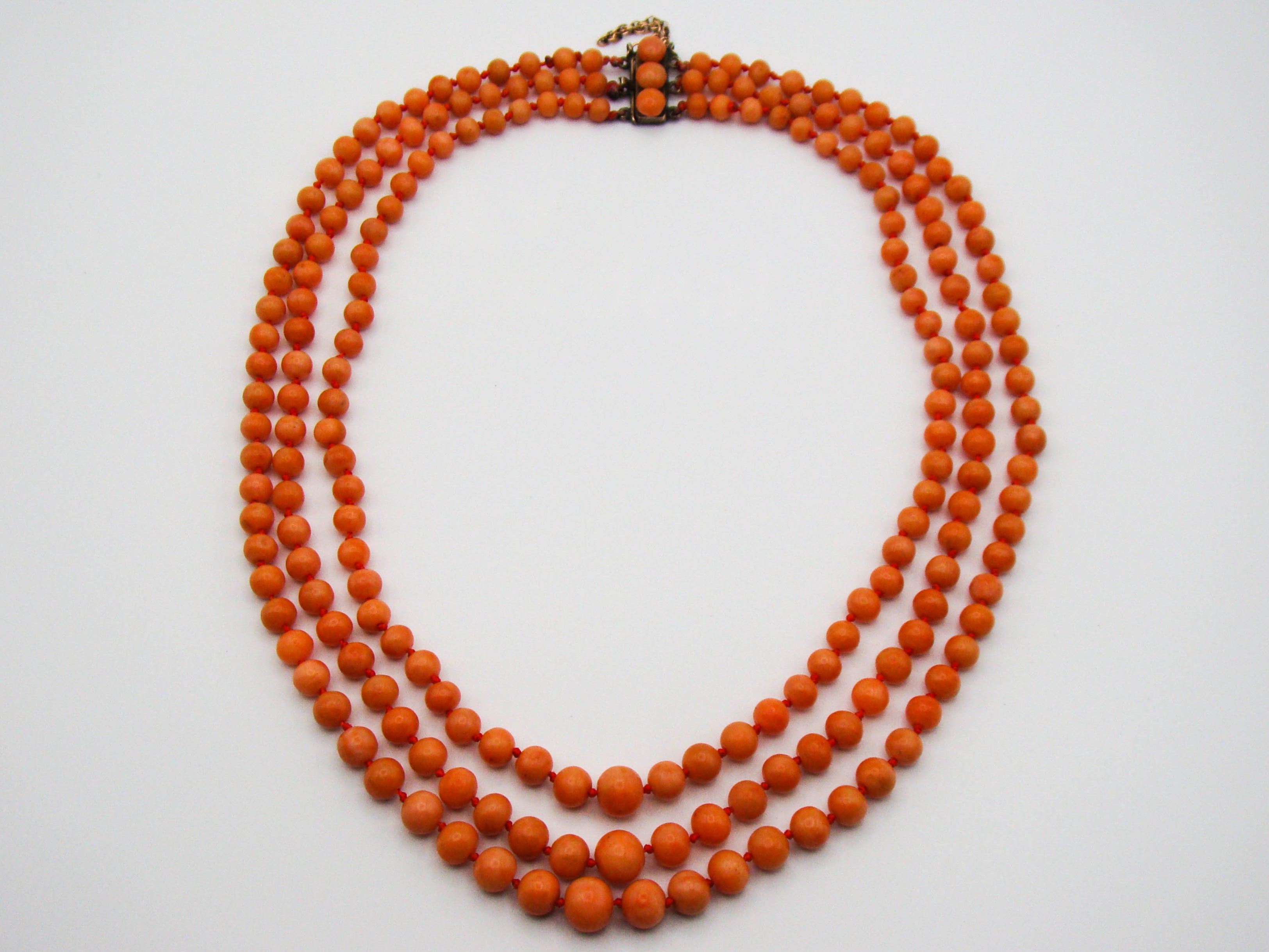 antique coral, natural coral, undyed coral, Italian coral, pacific coral, Sardinian Coral, Coral beads, Coral Rosary beads, Coral chain, Coral necklace, sea coral, Mediterranean coral, 3 strand chain, salmon beads, salmon Coral, 9 karat gold clasp