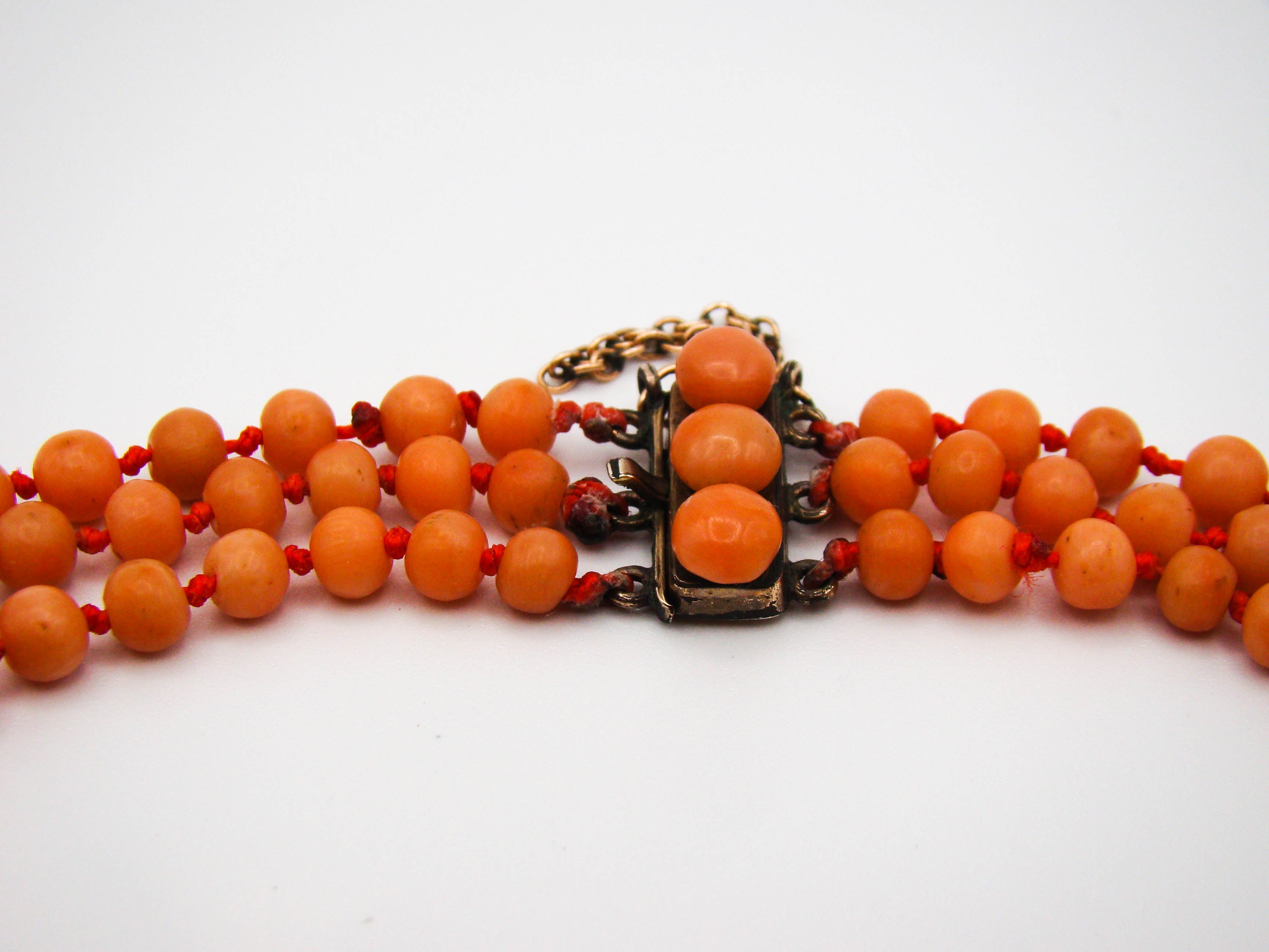 antique coral, natural coral, undyed coral, Italian coral, pacific coral, Sardinian Coral, Coral beads, Coral Rosary beads, Coral chain, Coral necklace, sea coral, Mediterranean coral, 3 strand chain, salmon beads, salmon Coral, 9 karat gold clasp
