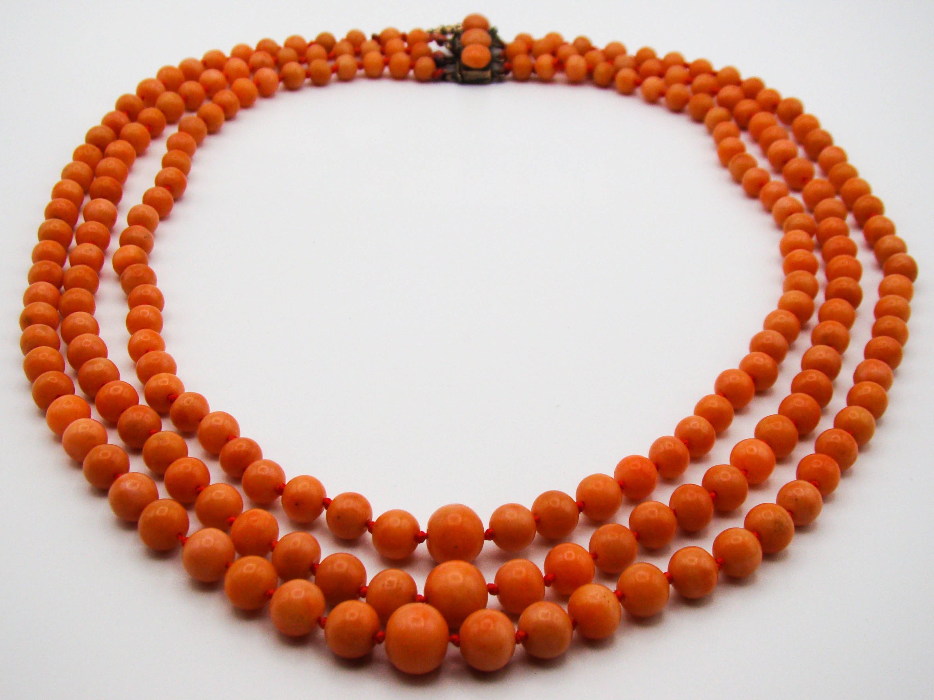 antique coral, natural coral, undyed coral, Italian coral, pacific coral, Sardinian Coral, Coral beads, Coral Rosary beads, Coral chain, Coral necklace, sea coral, Mediterranean coral, 3 strand chain, salmon beads, salmon Coral, 9 karat gold clasp