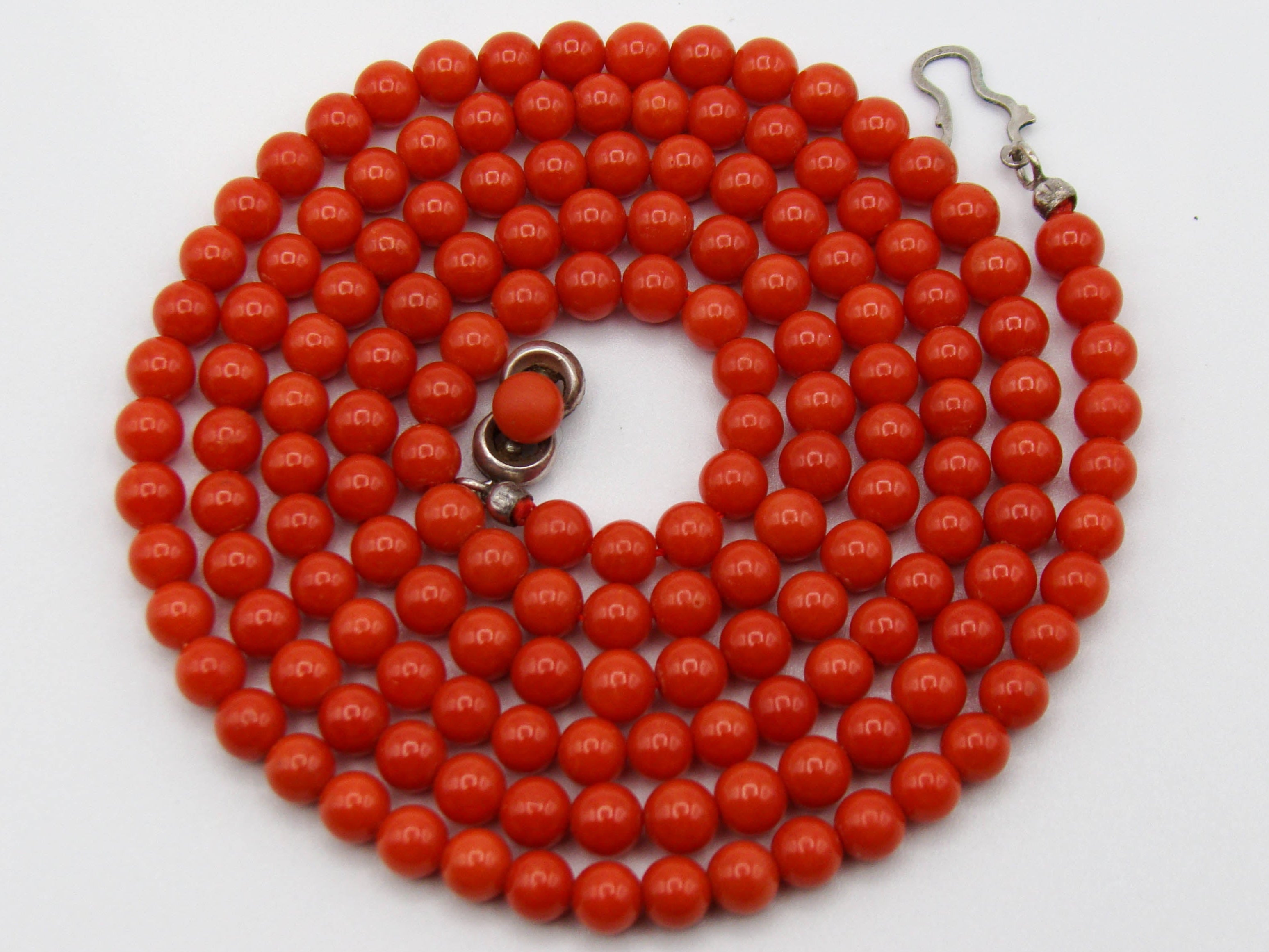 antique coral, natural coral, undyed coral, dark red coral, blood red coral, Italian coral, pacific coral, Sardinian Coral, Coral beads, Coral Rosary beads, Coral chain, Coral necklace, sea coral, aka coral, silver 835 clasp