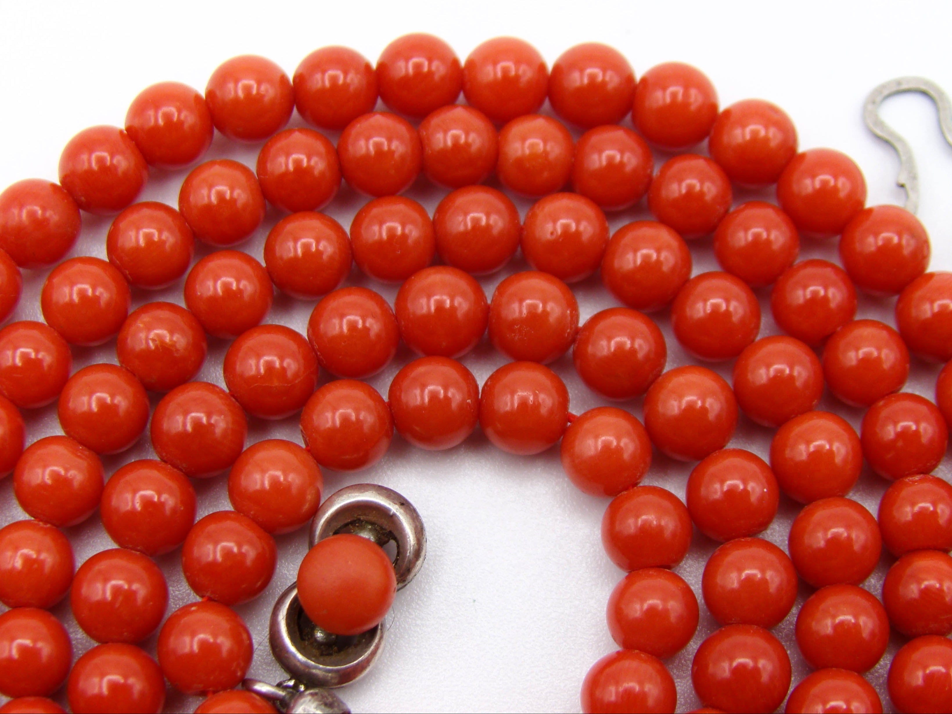 antique coral, natural coral, undyed coral, dark red coral, blood red coral, Italian coral, pacific coral, Sardinian Coral, Coral beads, Coral Rosary beads, Coral chain, Coral necklace, sea coral, aka coral, silver 835 clasp