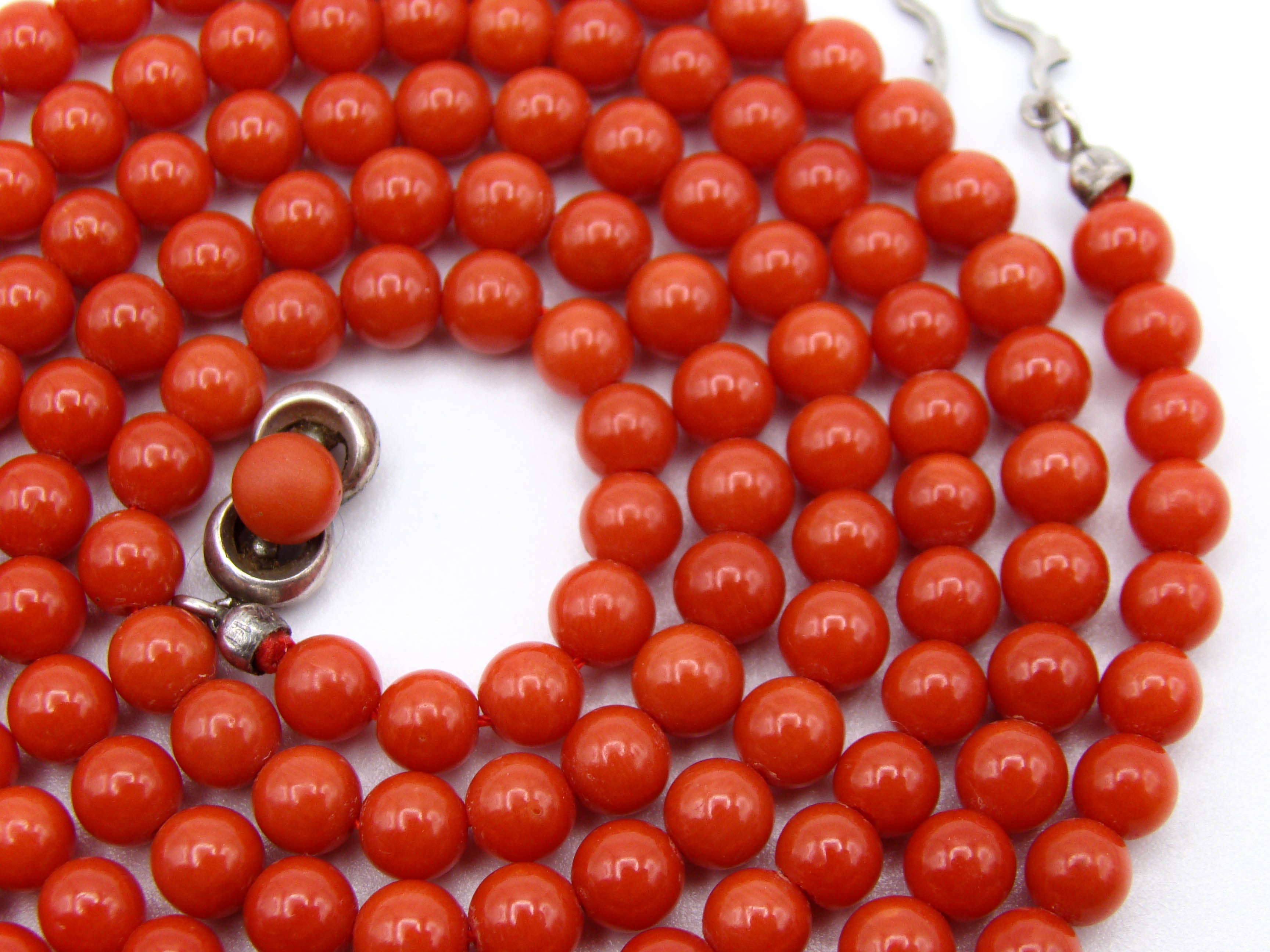 antique coral, natural coral, undyed coral, dark red coral, blood red coral, Italian coral, pacific coral, Sardinian Coral, Coral beads, Coral Rosary beads, Coral chain, Coral necklace, sea coral, aka coral, silver 835 clasp