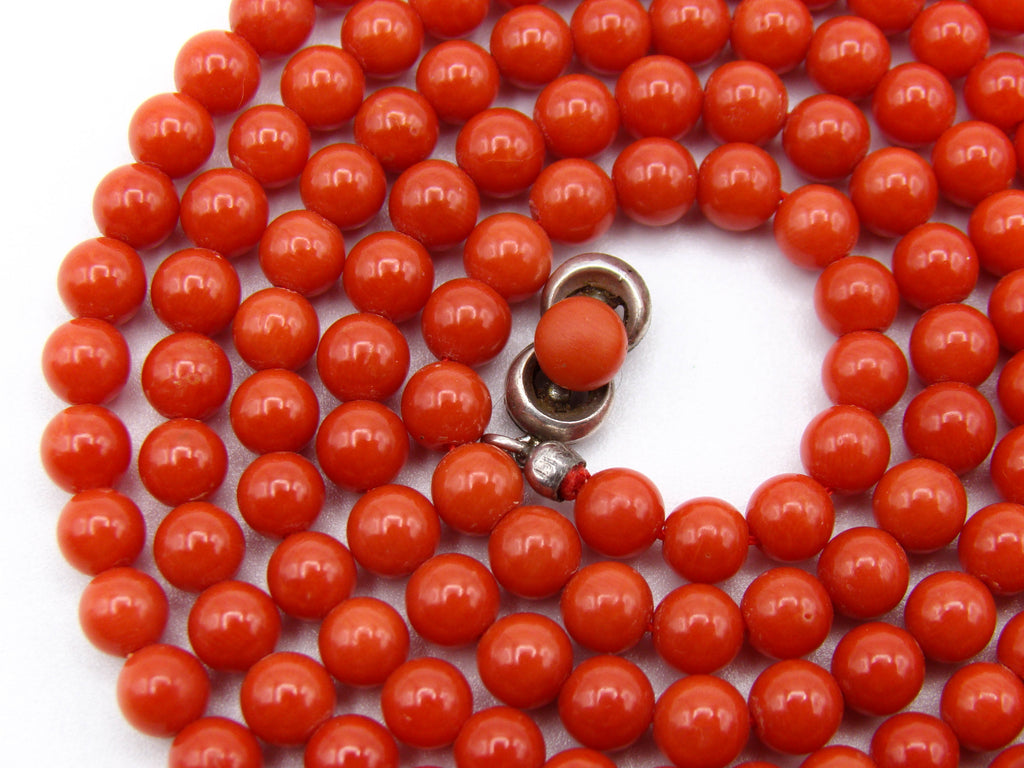 antique coral, natural coral, undyed coral, dark red coral, blood red coral, Italian coral, pacific coral, Sardinian Coral, Coral beads, Coral Rosary beads, Coral chain, Coral necklace, sea coral, aka coral, silver 835 clasp