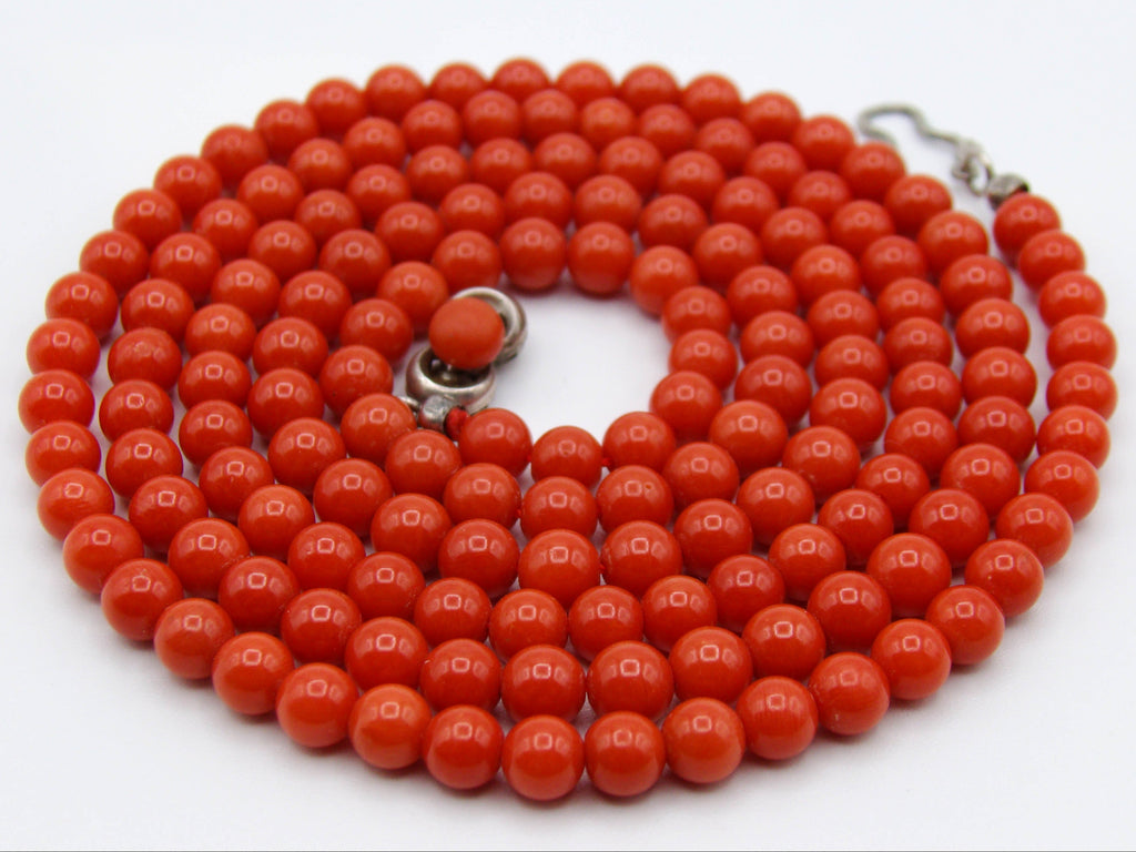 antique coral, natural coral, undyed coral, dark red coral, blood red coral, Italian coral, pacific coral, Sardinian Coral, Coral beads, Coral Rosary beads, Coral chain, Coral necklace, sea coral, aka coral, silver 835 clasp
