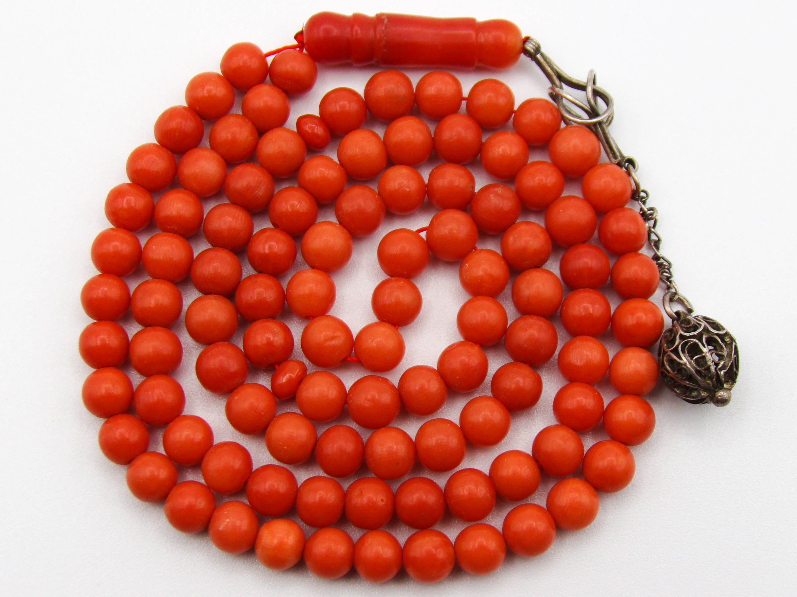 antique coral, natural coral, undyed coral, dark red coral, blood red coral, Italian coral, pacific coral, Sardinian Coral, red coral, sea coral, Mediterranean rosary, Mediterranean coral, coral rosary, handcarved, aka red, sterling silver tassel, مسبحة
