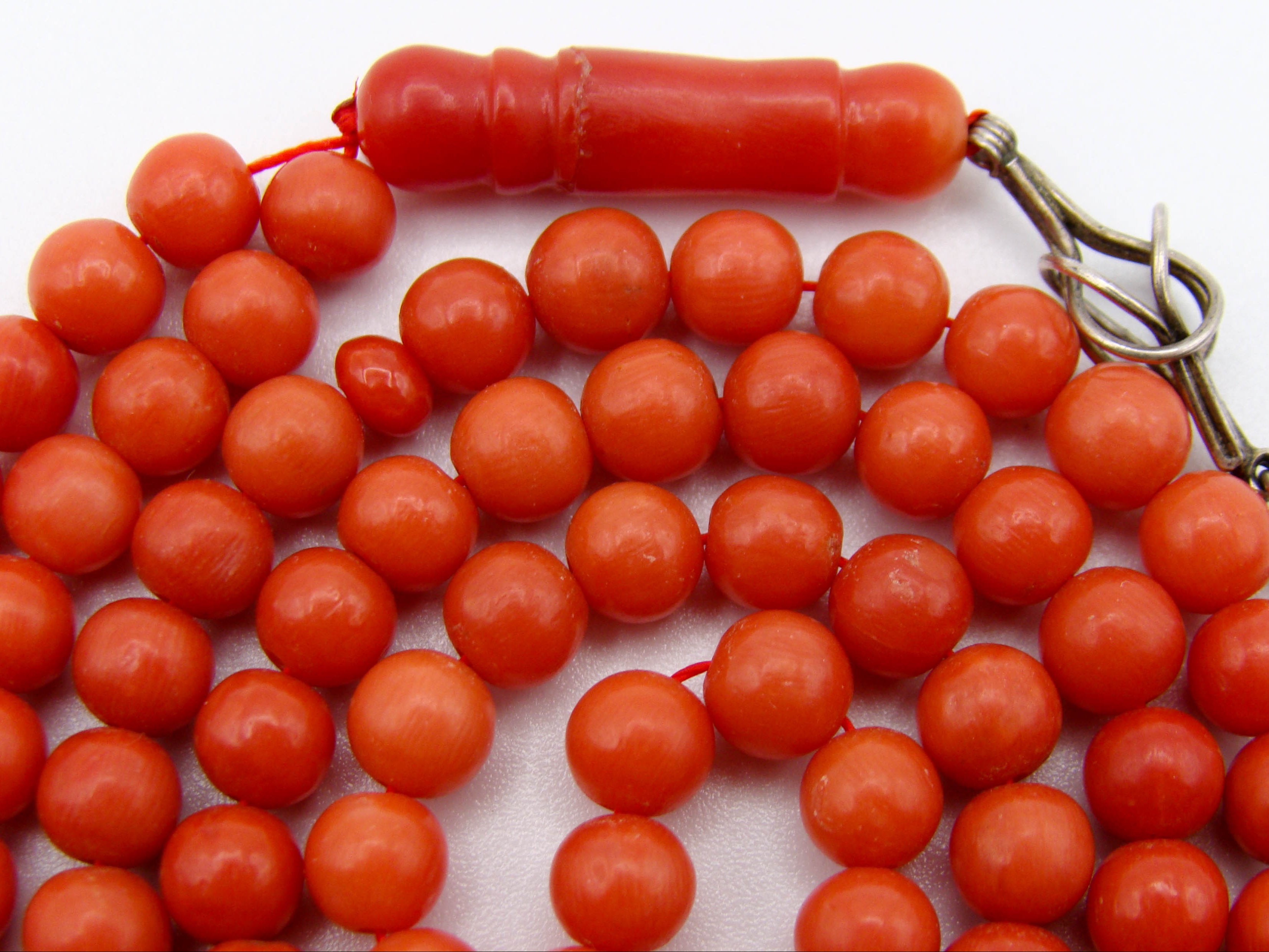 antique coral, natural coral, undyed coral, dark red coral, blood red coral, Italian coral, pacific coral, Sardinian Coral, red coral, sea coral, Mediterranean rosary, Mediterranean coral, coral rosary, handcarved, aka red, sterling silver tassel, مسبحة