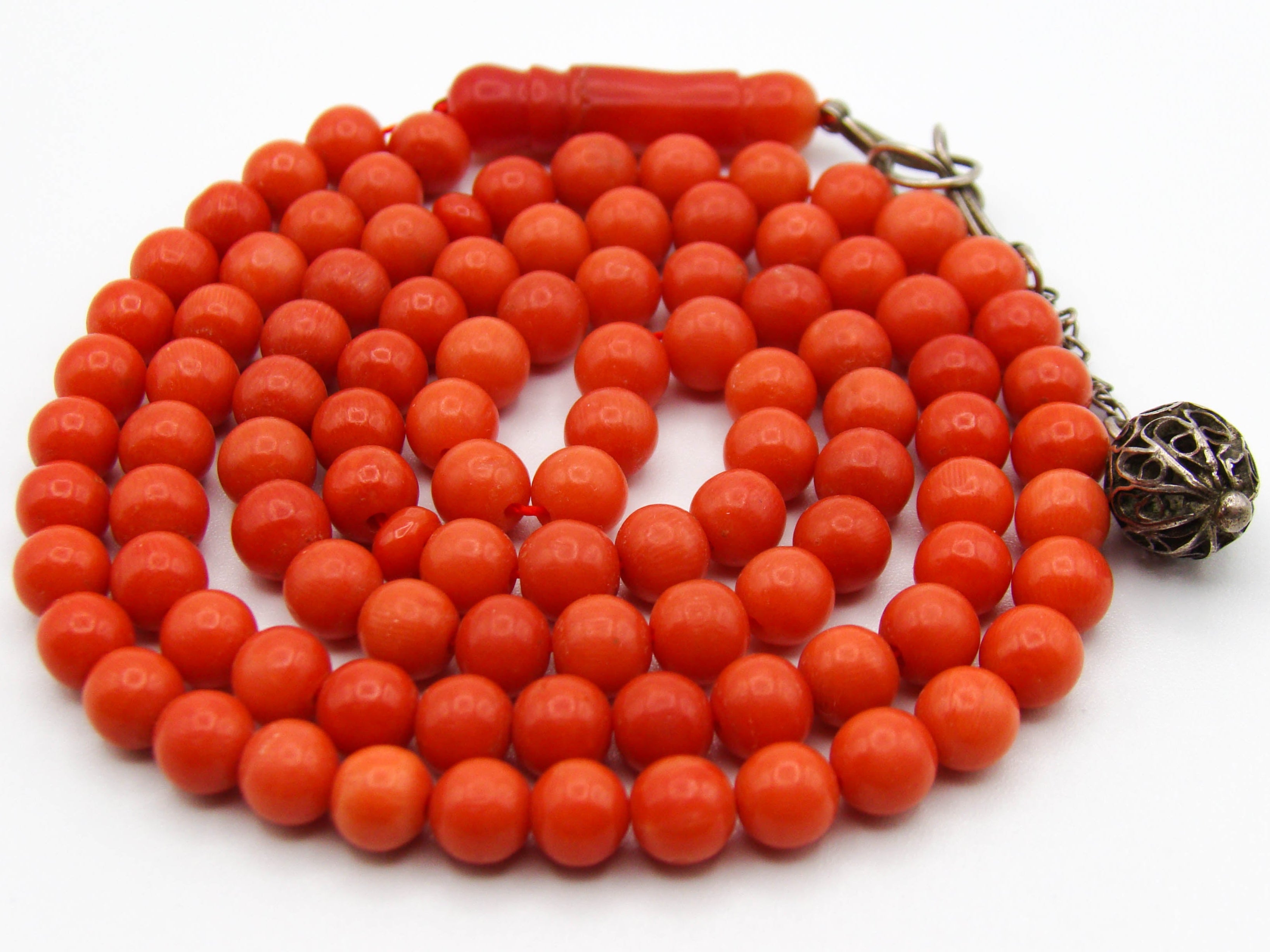 antique coral, natural coral, undyed coral, dark red coral, blood red coral, Italian coral, pacific coral, Sardinian Coral, red coral, sea coral, Mediterranean rosary, Mediterranean coral, coral rosary, handcarved, aka red, sterling silver tassel, مسبحة