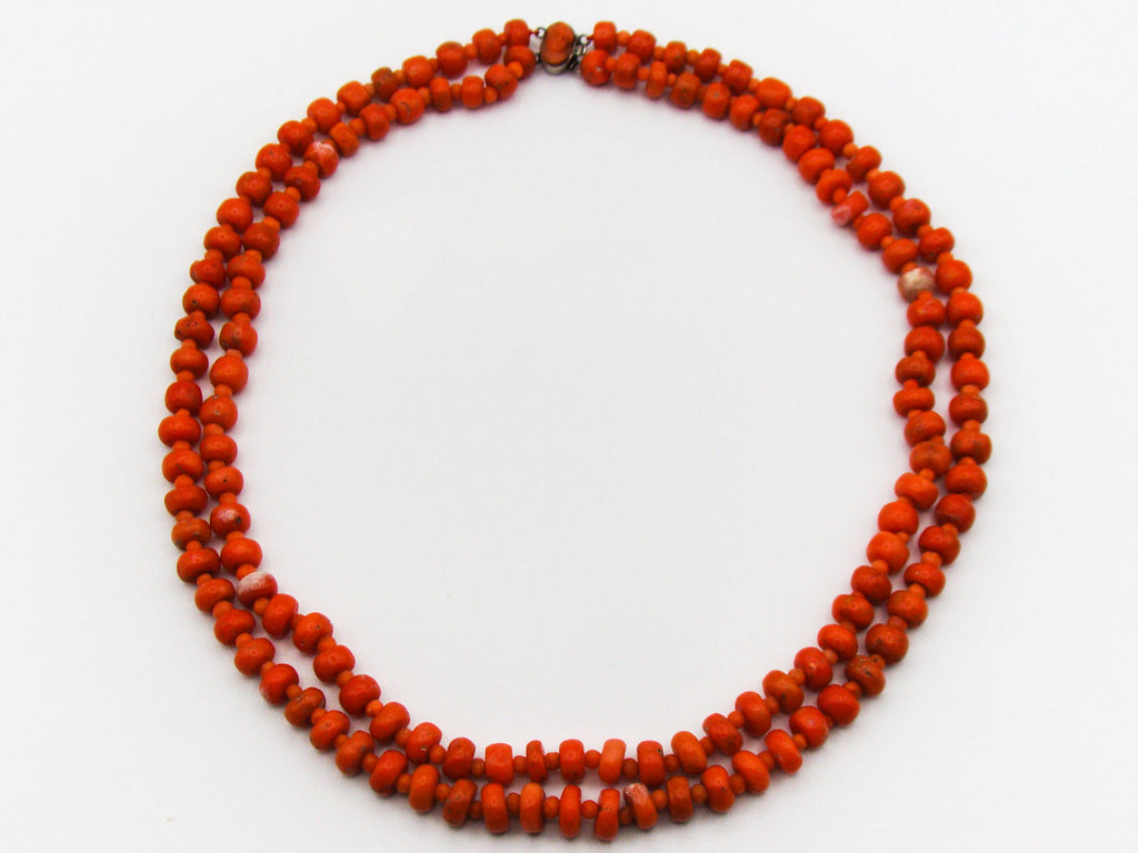 antique coral, natural coral, undyed coral, dark red coral, blood red coral, Italian coral, pacific coral, Sardinian Coral, Coral beads, Coral Rosary beads, Coral chain, Coral necklace, sea coral, Mediterranean coral, 2 strand chain, Mediterranean red beads, sterling silver clasp