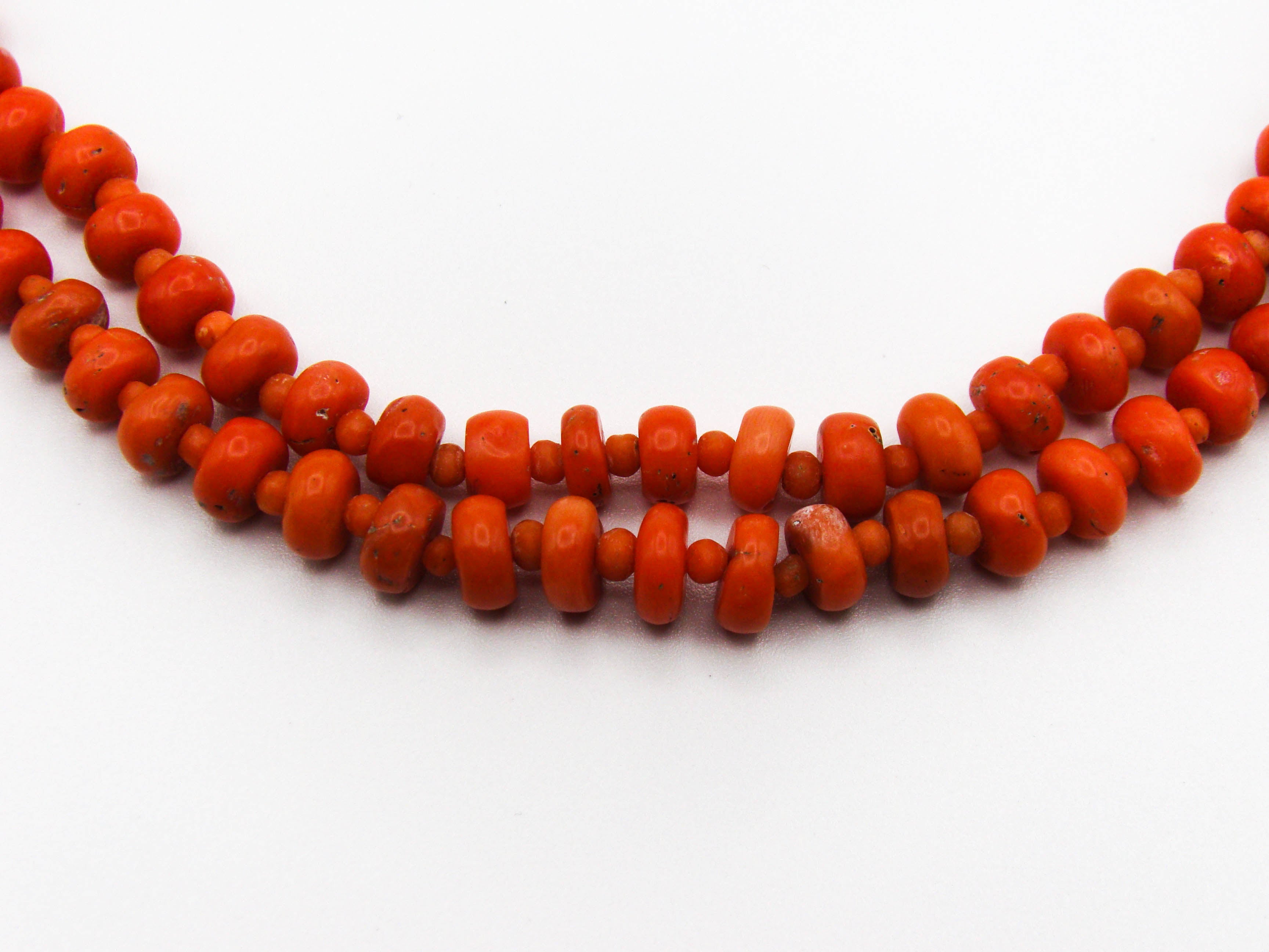 antique coral, natural coral, undyed coral, dark red coral, blood red coral, Italian coral, pacific coral, Sardinian Coral, Coral beads, Coral Rosary beads, Coral chain, Coral necklace, sea coral, Mediterranean coral, 2 strand chain, Mediterranean red beads, sterling silver clasp
