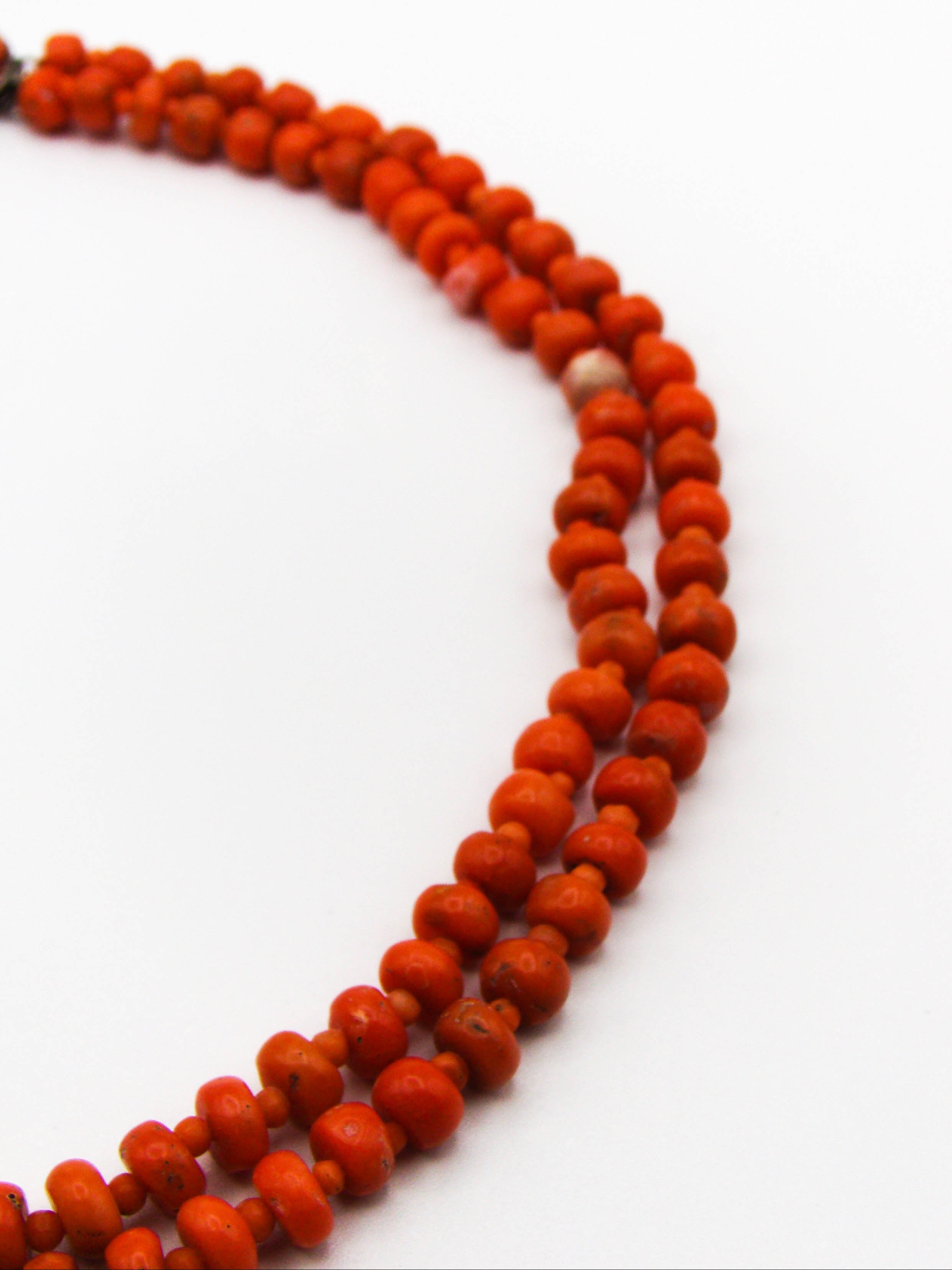 antique coral, natural coral, undyed coral, dark red coral, blood red coral, Italian coral, pacific coral, Sardinian Coral, Coral beads, Coral Rosary beads, Coral chain, Coral necklace, sea coral, Mediterranean coral, 2 strand chain, Mediterranean red beads, sterling silver clasp