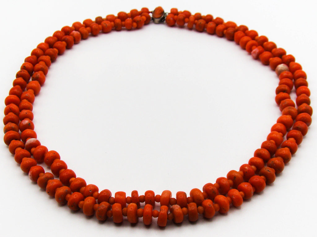 antique coral, natural coral, undyed coral, dark red coral, blood red coral, Italian coral, pacific coral, Sardinian Coral, Coral beads, Coral Rosary beads, Coral chain, Coral necklace, sea coral, Mediterranean coral, 2 strand chain, Mediterranean red beads, sterling silver clasp