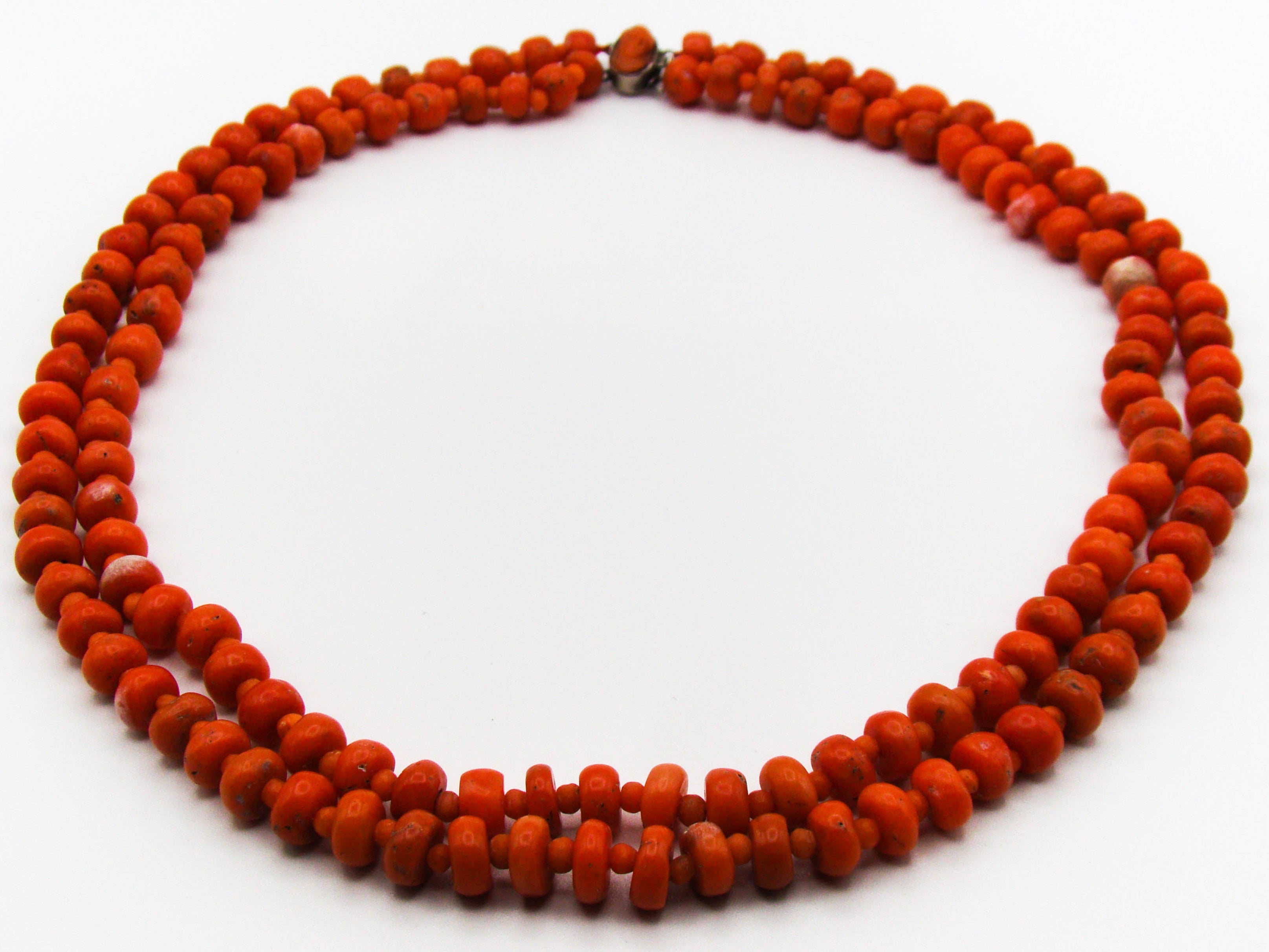 antique coral, natural coral, undyed coral, dark red coral, blood red coral, Italian coral, pacific coral, Sardinian Coral, Coral beads, Coral Rosary beads, Coral chain, Coral necklace, sea coral, Mediterranean coral, 2 strand chain, Mediterranean red beads, sterling silver clasp