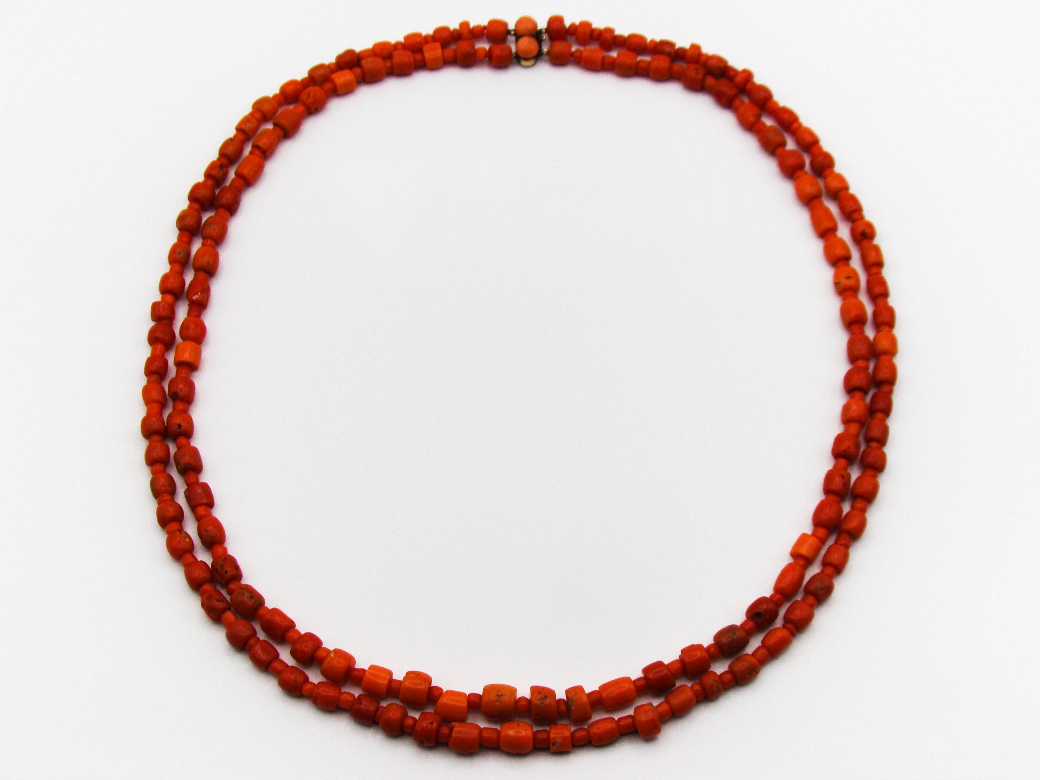 antique coral, natural coral, undyed coral, dark red coral, blood red coral, Italian coral, pacific coral, Sardinian Coral, Coral beads, Coral Rosary beads, Coral chain, Coral necklace, sea coral, Mediterranean coral, 2 strand chain, Mediterranean red beads, 9 karat gold clasp