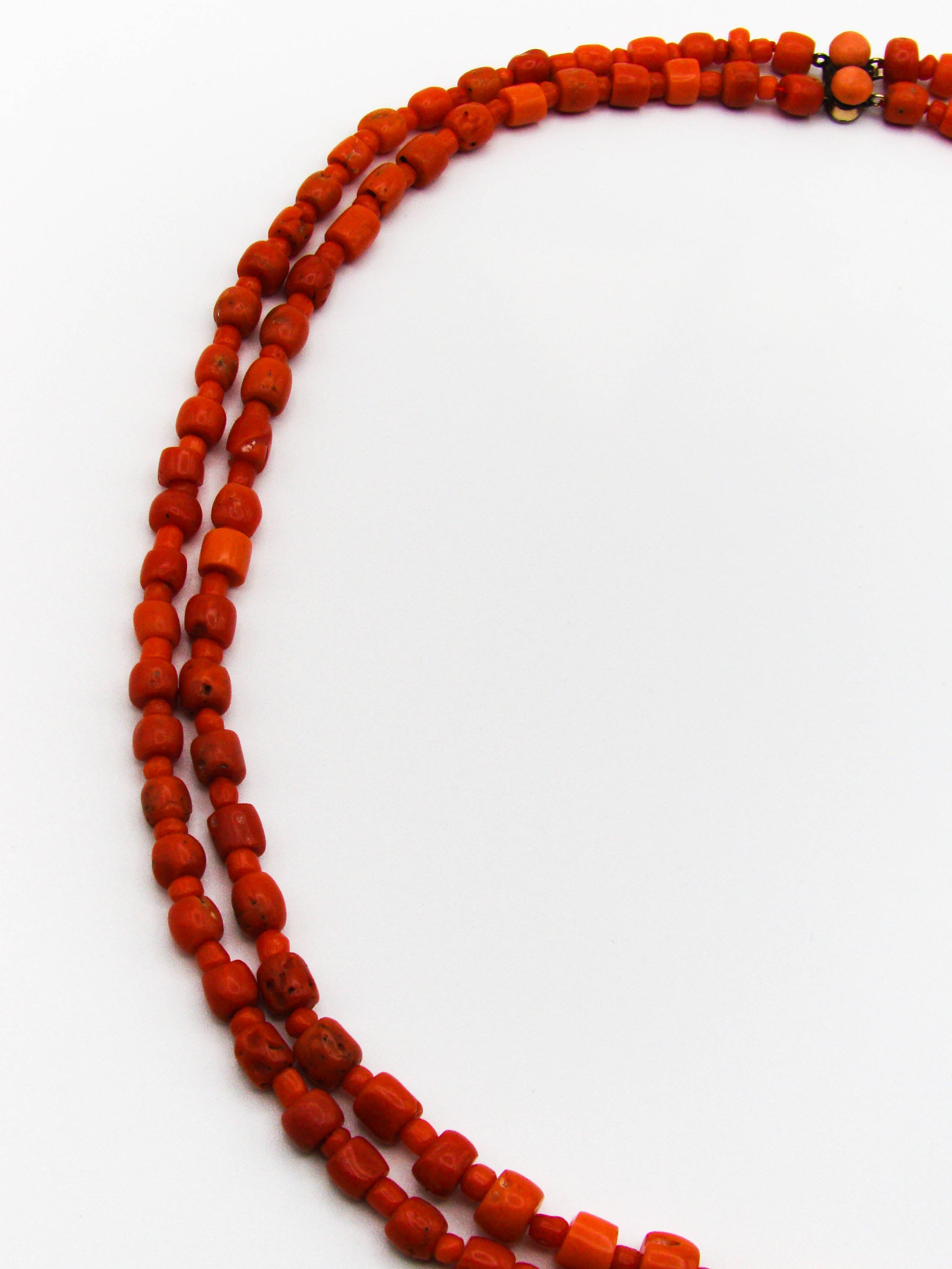 antique coral, natural coral, undyed coral, dark red coral, blood red coral, Italian coral, pacific coral, Sardinian Coral, Coral beads, Coral Rosary beads, Coral chain, Coral necklace, sea coral, Mediterranean coral, 2 strand chain, Mediterranean red beads, 9 karat gold clasp