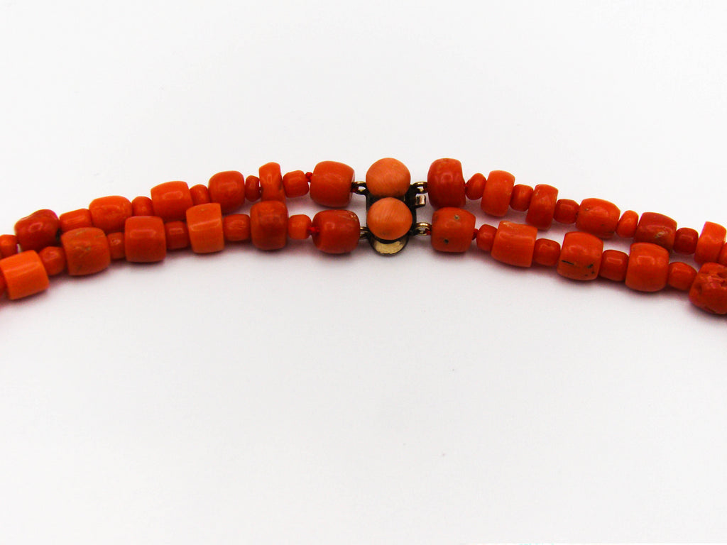antique coral, natural coral, undyed coral, dark red coral, blood red coral, Italian coral, pacific coral, Sardinian Coral, Coral beads, Coral Rosary beads, Coral chain, Coral necklace, sea coral, Mediterranean coral, 2 strand chain, Mediterranean red beads, 9 karat gold clasp