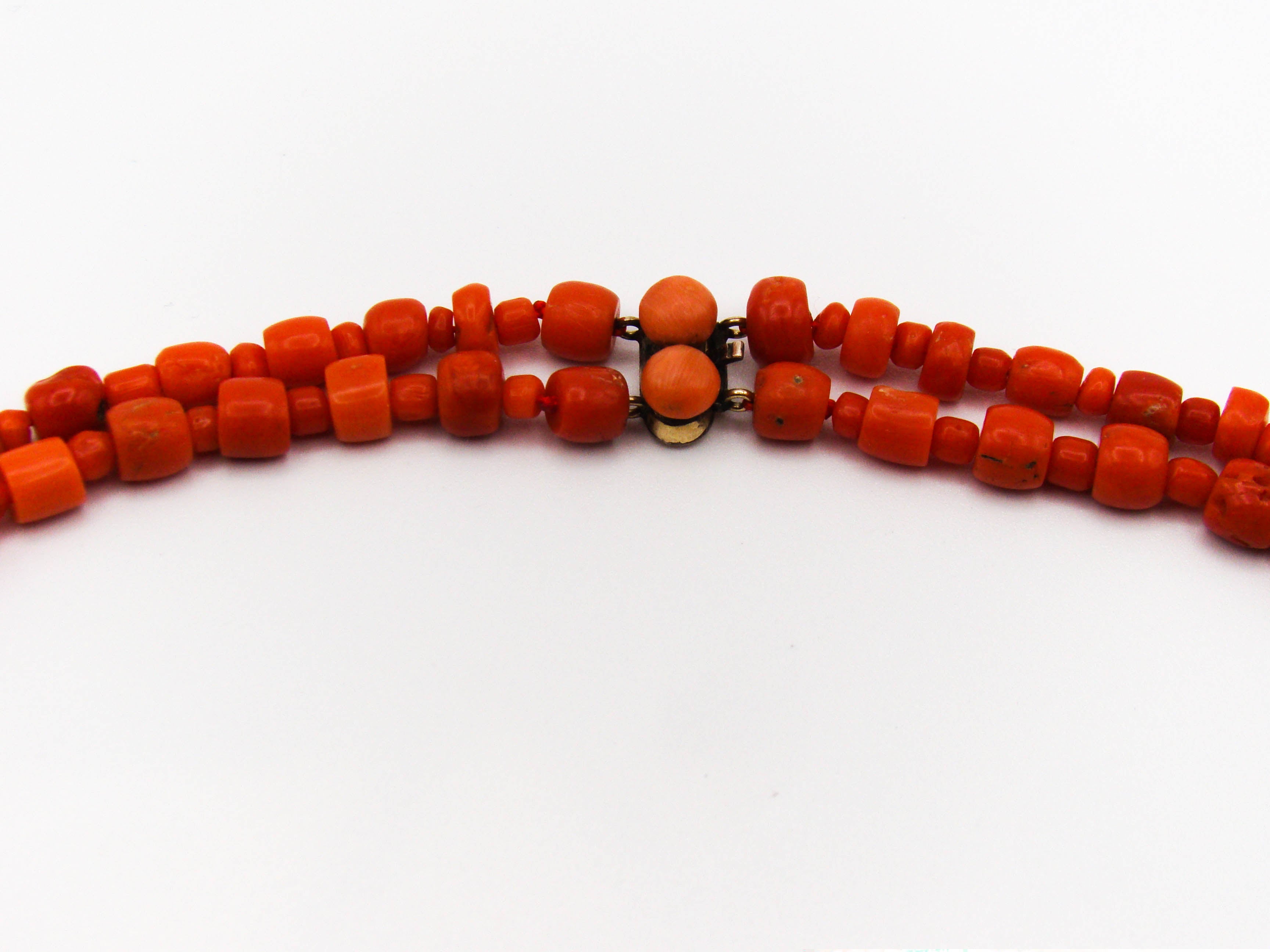 antique coral, natural coral, undyed coral, dark red coral, blood red coral, Italian coral, pacific coral, Sardinian Coral, Coral beads, Coral Rosary beads, Coral chain, Coral necklace, sea coral, Mediterranean coral, 2 strand chain, Mediterranean red beads, 9 karat gold clasp
