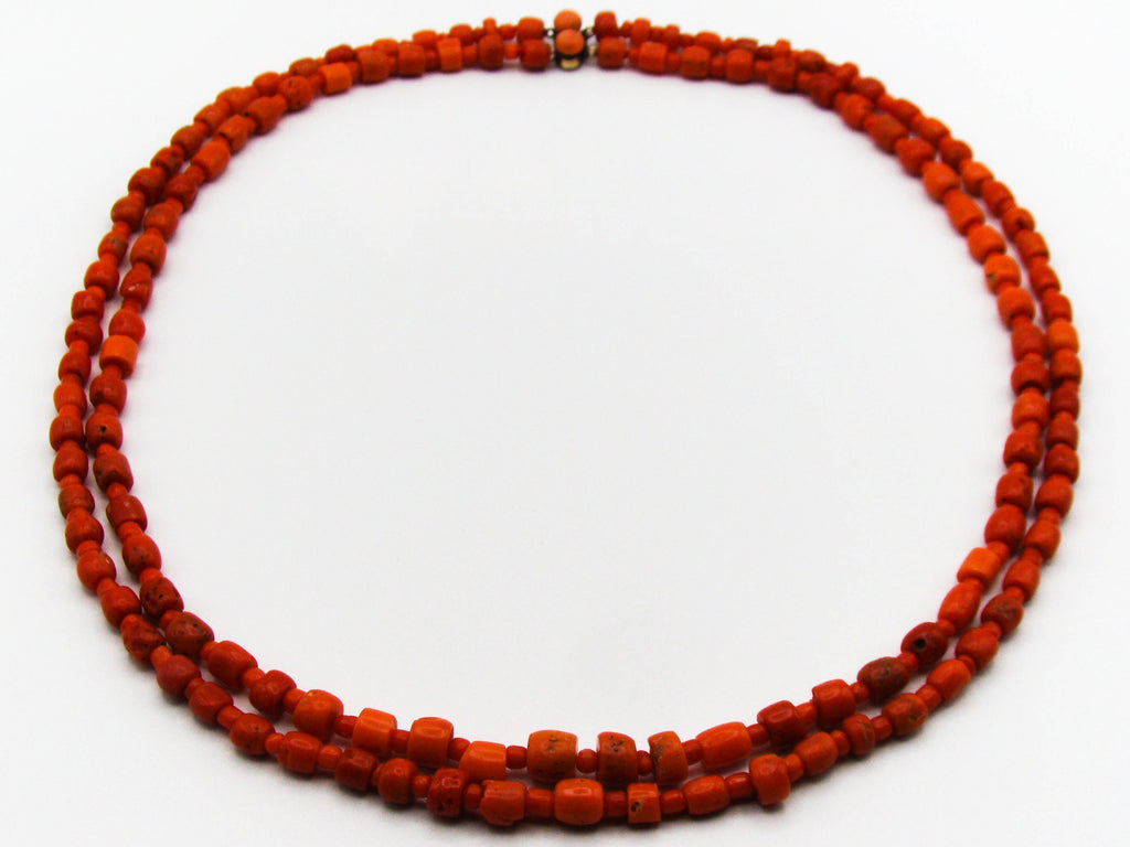 antique coral, natural coral, undyed coral, dark red coral, blood red coral, Italian coral, pacific coral, Sardinian Coral, Coral beads, Coral Rosary beads, Coral chain, Coral necklace, sea coral, Mediterranean coral, 2 strand chain, Mediterranean red beads, 9 karat gold clasp