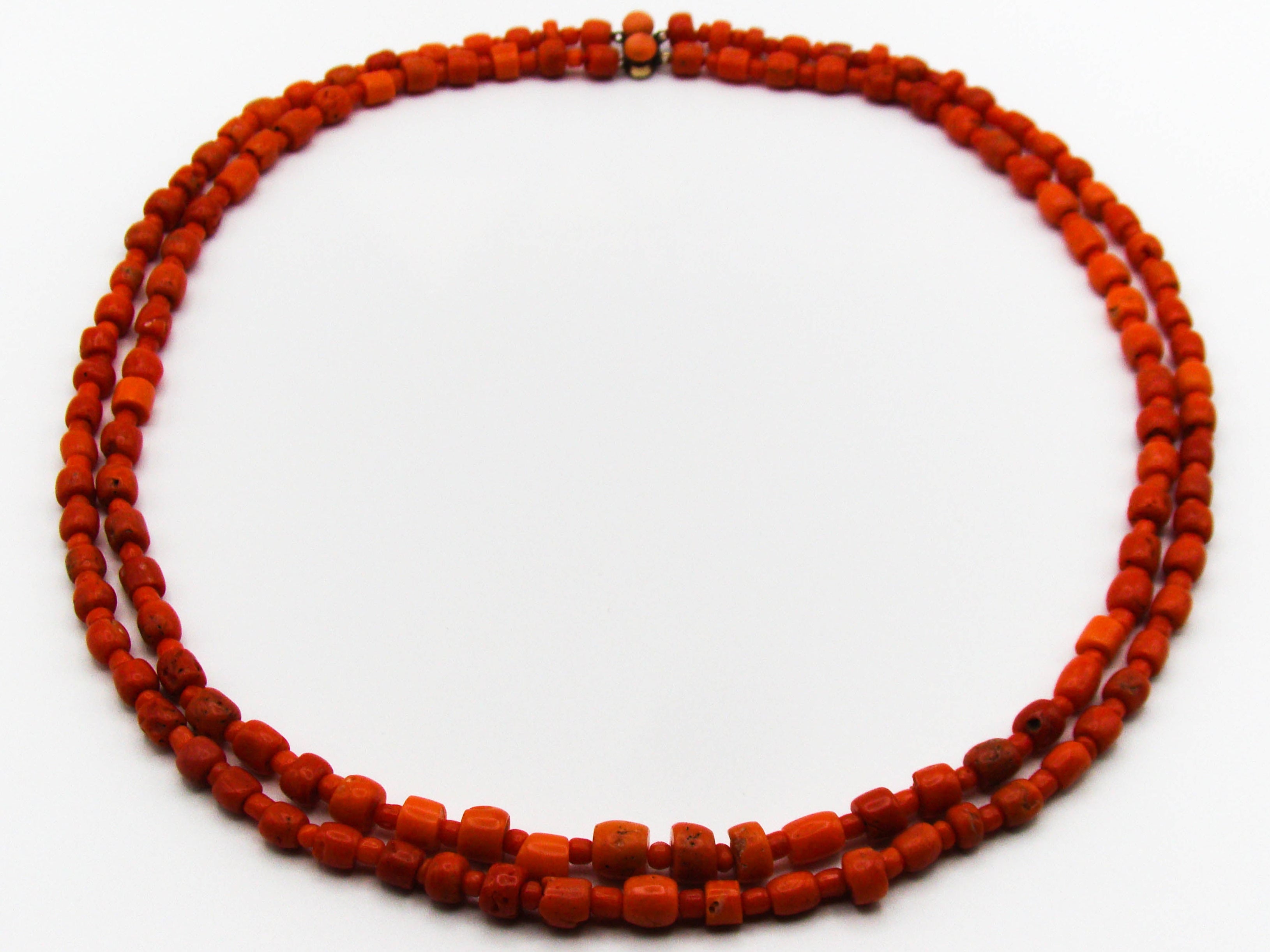 antique coral, natural coral, undyed coral, dark red coral, blood red coral, Italian coral, pacific coral, Sardinian Coral, Coral beads, Coral Rosary beads, Coral chain, Coral necklace, sea coral, Mediterranean coral, 2 strand chain, Mediterranean red beads, 9 karat gold clasp