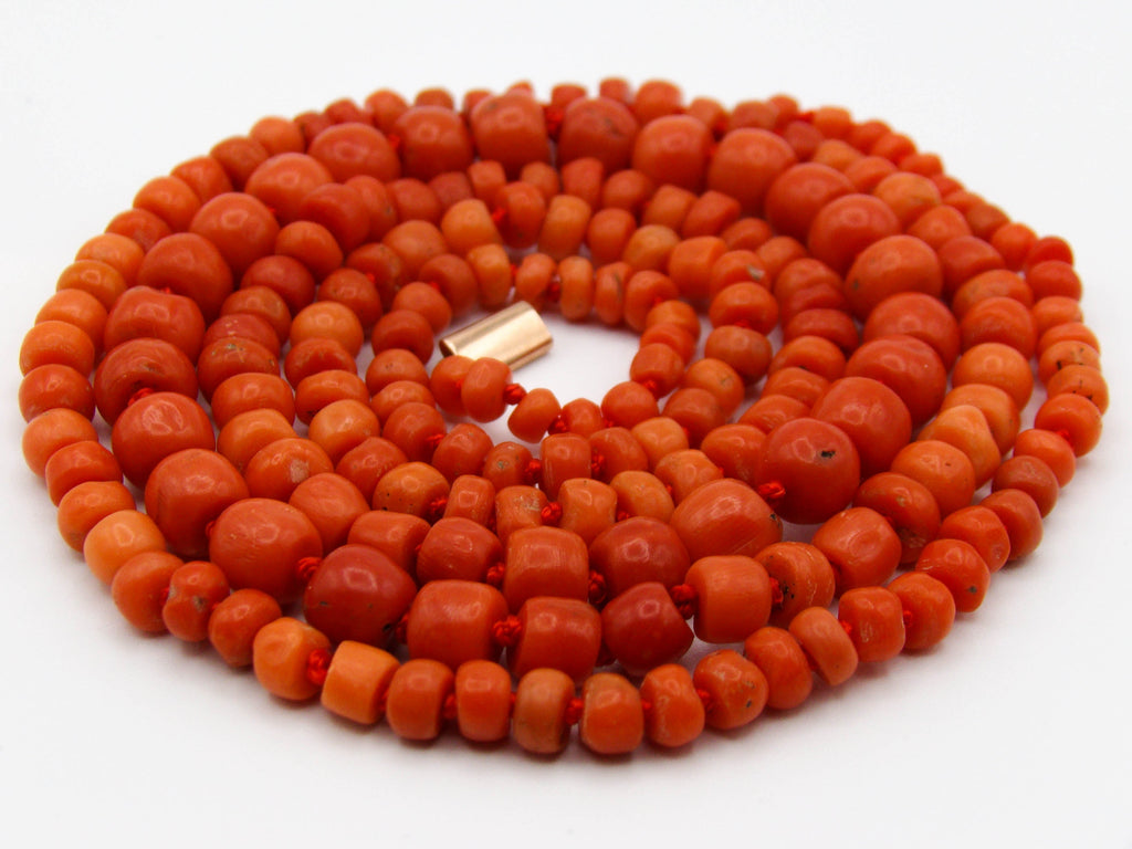 antique coral, natural coral, undyed coral, dark orange coral, Italian coral, pacific coral, Sardinian Coral, sea coral, Mediterranean coral, Mediterranean necklace, Mediterranean chain, coral necklace, handcarved coral, 9 karat gold clasp