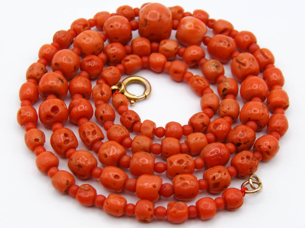 antique coral, natural coral, undyed coral, dark salmon coral, Italian coral, pacific coral, Sardinian Coral, sea coral, Mediterranean necklace, Mediterranean chain, coral necklace, handcarved coral, 18 karat gold clasp