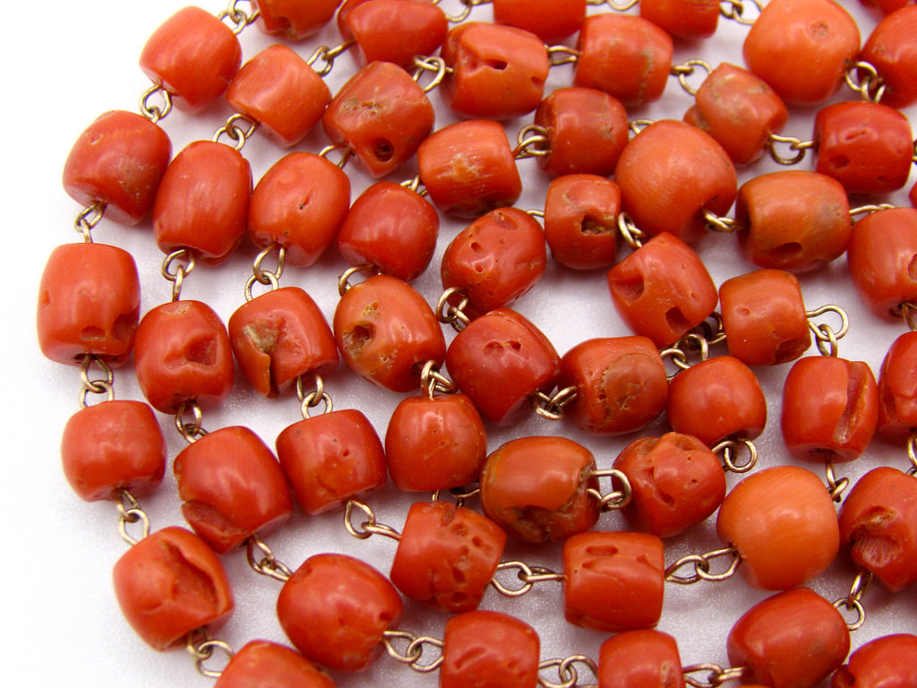 antique coral, natural coral, undyed coral, dark red coral, blood red coral, Italian coral, pacific coral, Sardinian Coral, sea coral, Mediterranean coral, Mediterranean red, Mediterranean chain, Mediterranean necklace, coral chain, coral necklace, 14 karat gold